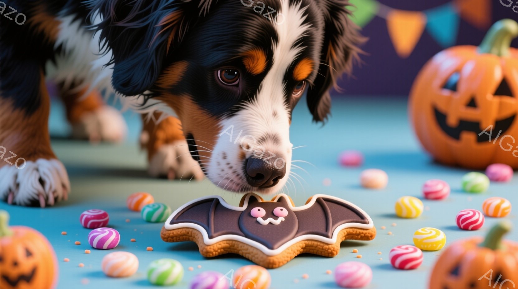 鮮やかな水色の背景に、ハロウィーンの飾りとキャンディーが散りばめられています。茶色と白の毛並みを持つ犬が、黒いバット型のクッキーに鼻を近づけています。背景にはジャック・オ・ランタンが置かれ、全体的に可 - AI生成フリー素材