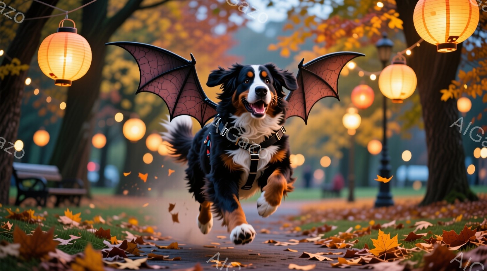 黒と白の毛並みを持つバーニーズ・マウンテン・ドッグが、ハロウィーンの蝙蝠の翼を付けて、落ち葉が舞う公園の道の中央を全速力で走っている。背景にはオレンジ色の灯りが並び、秋の暖かい雰囲気と、犬の楽しそうな表情が際立っている。鮮やかな色彩と躍動感のある構図が、季節の喜びと犬の活発さを表現している。
