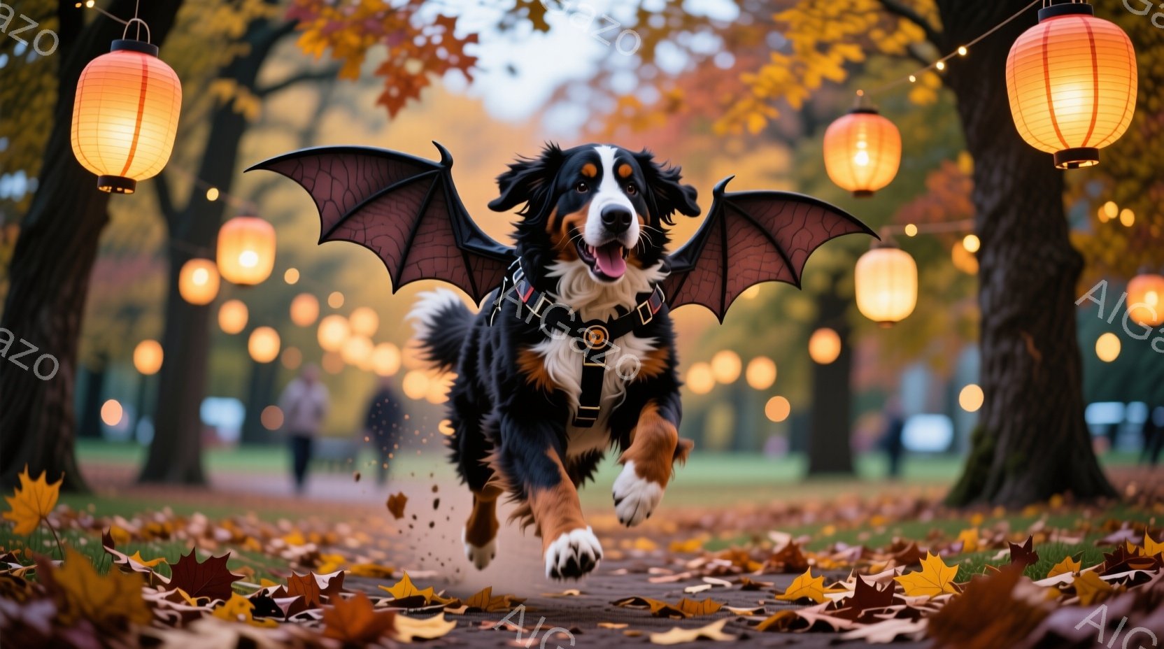 鮮やかな秋の公園を、翼をつけたバーニーズ・マウンテン・ドッグが勢いよく駆け抜けている。犬は楽しそうな表情で、鮮やかなオレンジ色の落ち葉が舞い上がり、背景にはぼんやりとした人影と、温かい光を放つ提灯が並 - AI生成フリー素材