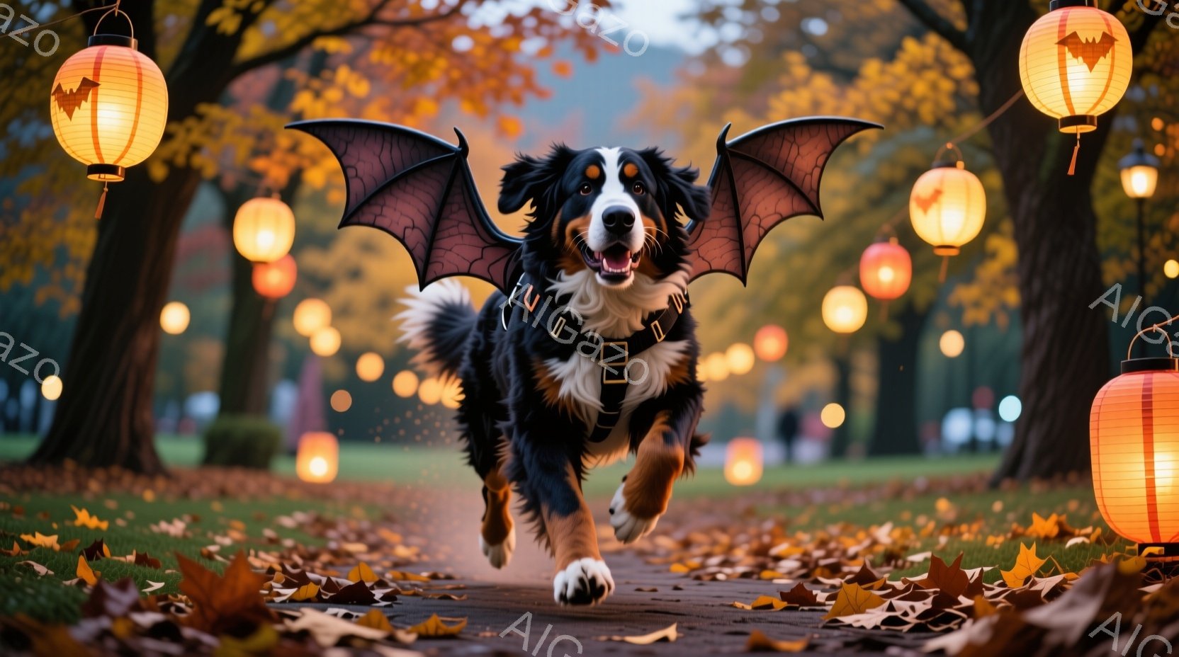 黒と白の毛並みを持つ大型犬が、ハロウィーンの仮装として翼をつけて、落ち葉が散らばる道を走っている。背景にはオレンジ色のランタンが並び、秋の夕暮れ時の温かく幻想的な雰囲気を醸し出している。犬は口を開けて - AI生成フリー素材