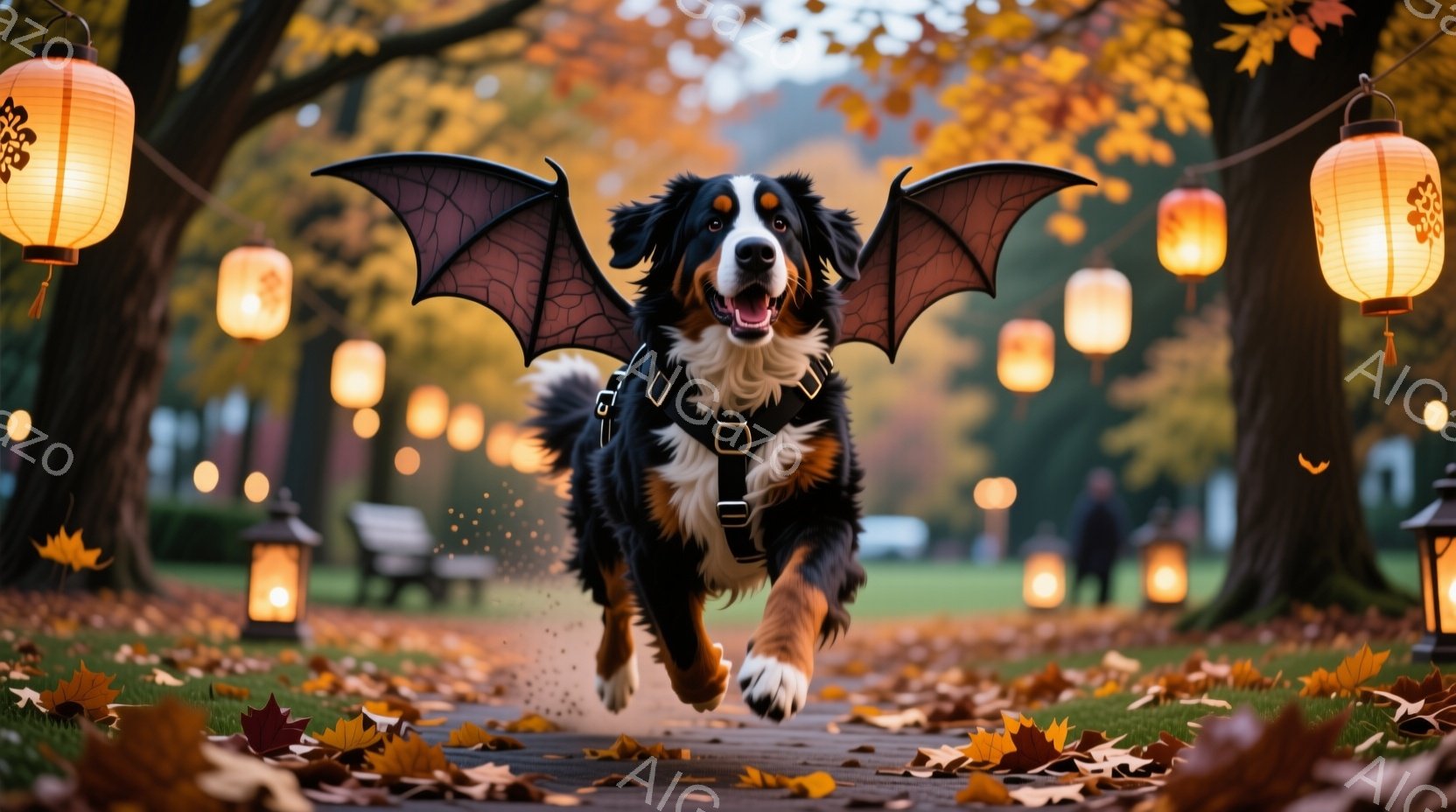 鮮やかな秋の公園を、翼を付けたバーニーズ・マウンテン・ドッグが走り抜けている。犬はハーネスを着用し、楽しそうな表情で、落ち葉が舞う遊歩道を疾走している。背景には、オレンジ色の光を放つ提灯や木々が並び、幻想的で温かい雰囲気を醸し出している。