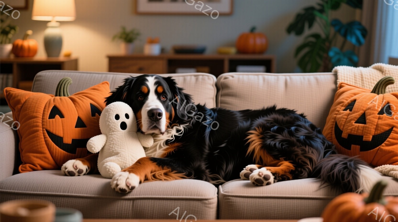 ソファに横たわるベルネーゼ・マウンテン・ドッグが、抱きしめているお化けのぬいぐるみに視線を向けています。背景にはハロウィーンを意識したカボチャのクッションや装飾が配置され、室内は暖色系の照明で照らされ - AI生成フリー素材
