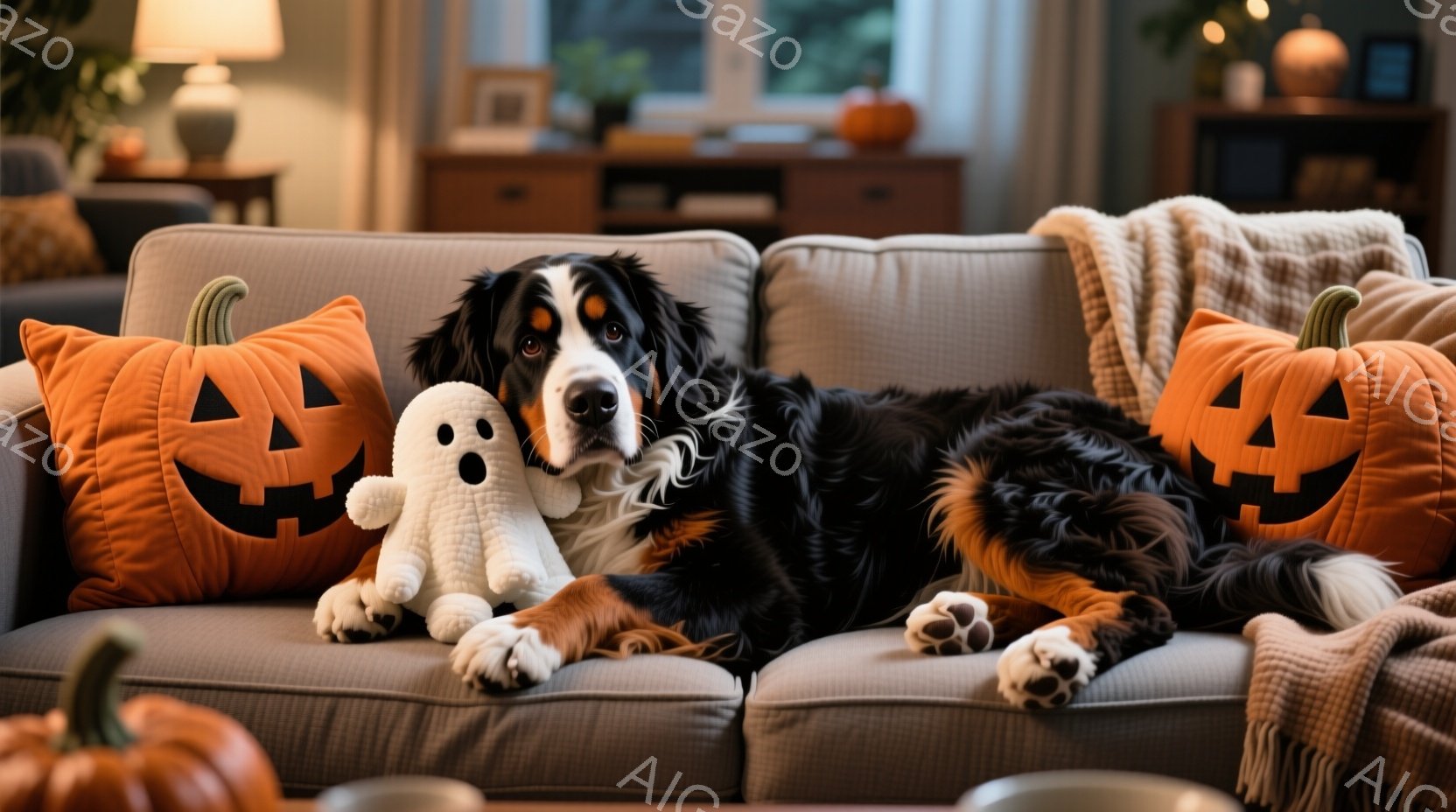 ソファの上には、大きなバーニーズ・マウンテン・ドッグが横たわっており、その隣には白いゴーストのぬいぐるみと、ハロウィーンを連想させるオレンジ色のカボチャのクッションが置かれています。犬はリラックスした表情で、落ち着いたグレーのソファに体を伸ばしています。背景には、ぼんやりと見える家具と窓があり、暖かく居心地の良い、秋の雰囲気を感じさせます。