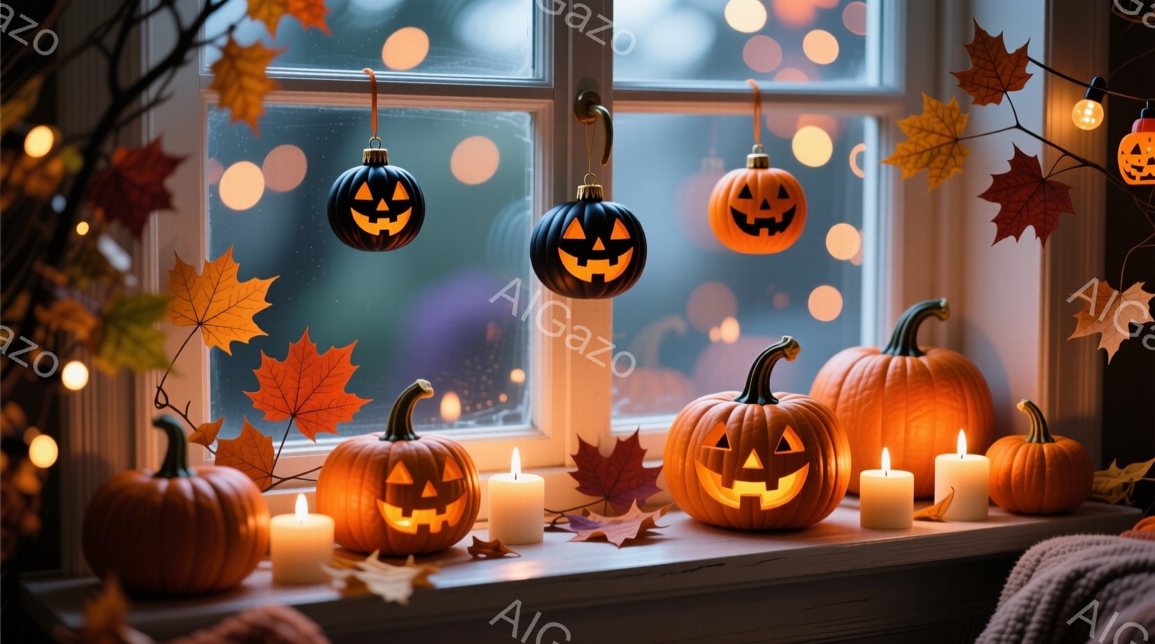 窓辺には、さまざまな大きさのジャック・オー・ランタンと、紅葉の葉が置かれ、温かい光を放つキャンドルが並べられています。背景にはぼやけた街並みが見え、雨が降っているような雰囲気で、ハロウィーンの落ち着いた温かい雰囲気を醸し出しています。全体的にオレンジ色と茶色を基調とした色彩で、秋の訪れを感じさせる装飾が施されています。