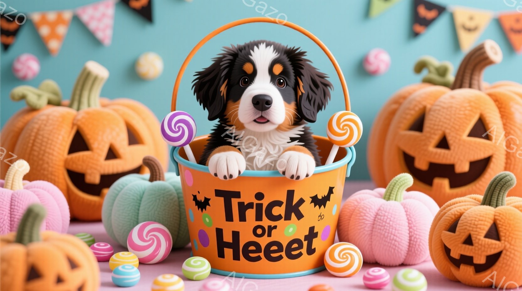 オレンジとピンクのハロウィーンの装飾に囲まれた、かわいらしいバーニーズ・マウンテン・ドッグの子犬が、"Trick or Heeeet!"と書かれたバケツの中に座っています。子犬は前足を前に出し、カメラを見つめており、愛らしい表情をしています。背景には、さまざまなキャンディーや、お化けの顔が刻まれたカボチャが並び、お祝いムードを盛り上げています。