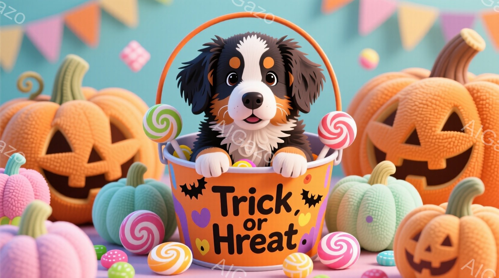 オレンジ色を基調とした背景に、可愛らしい子犬がハロウィーンのキャンディバスケットに入って楽しそうにこちらを見ています。背景には、様々なカラフルなキャンディと、ジャック・オー・ランタンが散りばめられ、お - AI生成フリー素材