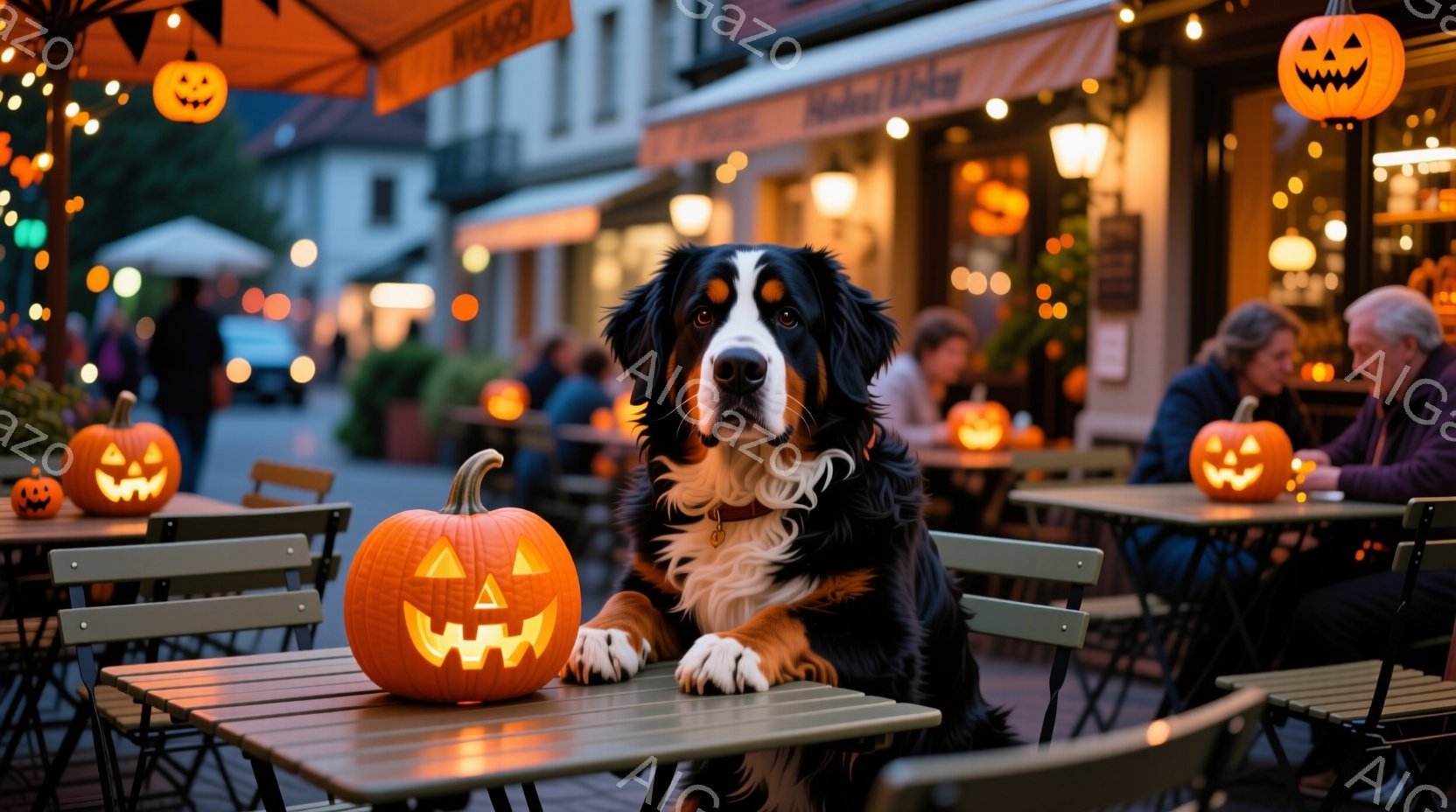 大きなベルニ山犬が、ハロウィーンの飾り付けがされた屋外カフェのテーブルに座っています。テーブルの上にはジャックオーランタンが置かれ、周囲には他のテーブルにも同様の装飾が施されています。背景にはぼんやり - AI生成フリー素材