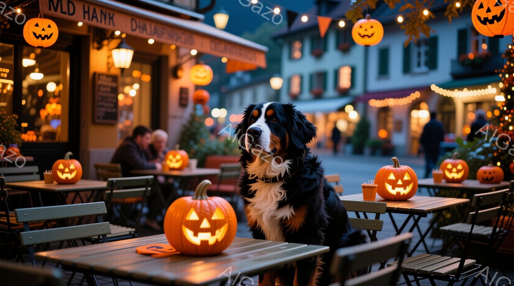 暖炉とカフェが並ぶ石畳の通りに、大きなベルネーゼ・マウンテン・ドッグがテーブルに座っています。周囲には様々な大きさのジャック・オ・ランタンが置かれ、カフェのテーブルと椅子もオレンジ色の光に照らされています。背景は中世ヨーロッパのような趣のある建物で、夕暮れ時の穏やかで幻想的なハロウィーンの雰囲気を醸し出しています。
