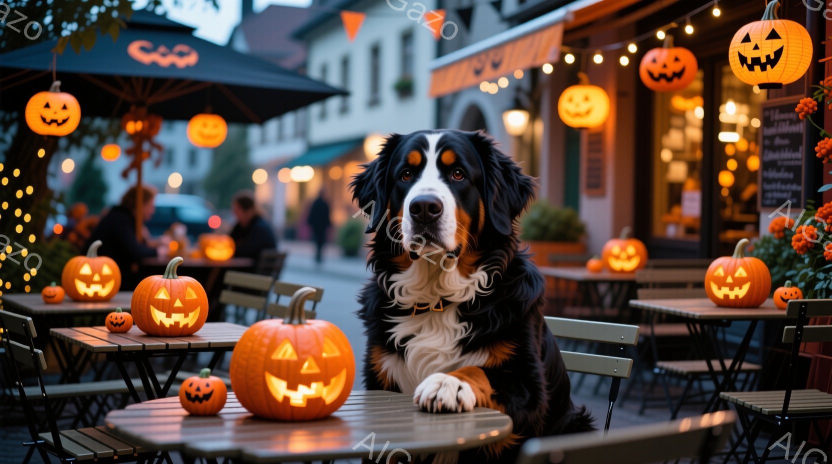 ハロウィーンの装飾が施されたカフェのテラス席に、大きなベルン山犬が座っています。犬は首輪をしており、前足は白く、黒と茶色の模様が特徴的です。背景には、オレンジ色の光を放つカボチャのランタンが並び、カフェの建物と賑やかな通りがぼんやりと見え、秋の夜の温かく幻想的な雰囲気を醸し出しています。