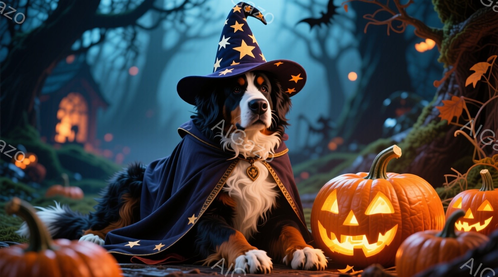 ベルン山犬がハロウィーンの魔女の衣装を着て、おとなしく横たわっています。黒いマントには星が刺繍されており、頭には先のとがった帽子をかぶっています。背景には、ジャック・オー・ランタンに囲まれた不気味な森 - AI生成フリー素材