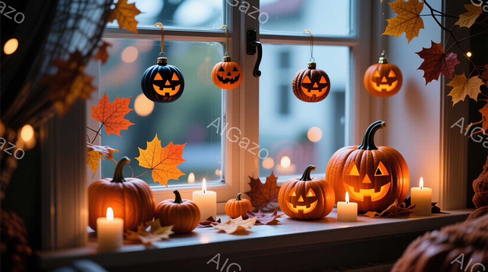 ハロウィーンの装飾が施された窓辺が描かれている。オレンジ色のカボチャのランタンや小さなカボチャ、そして燃えるキャンドルが並べられ、落ち葉が散らばっている。背景にはぼやけた街並みが見え、暗い空模様がハロウィーンの不気味な雰囲気を醸し出している。