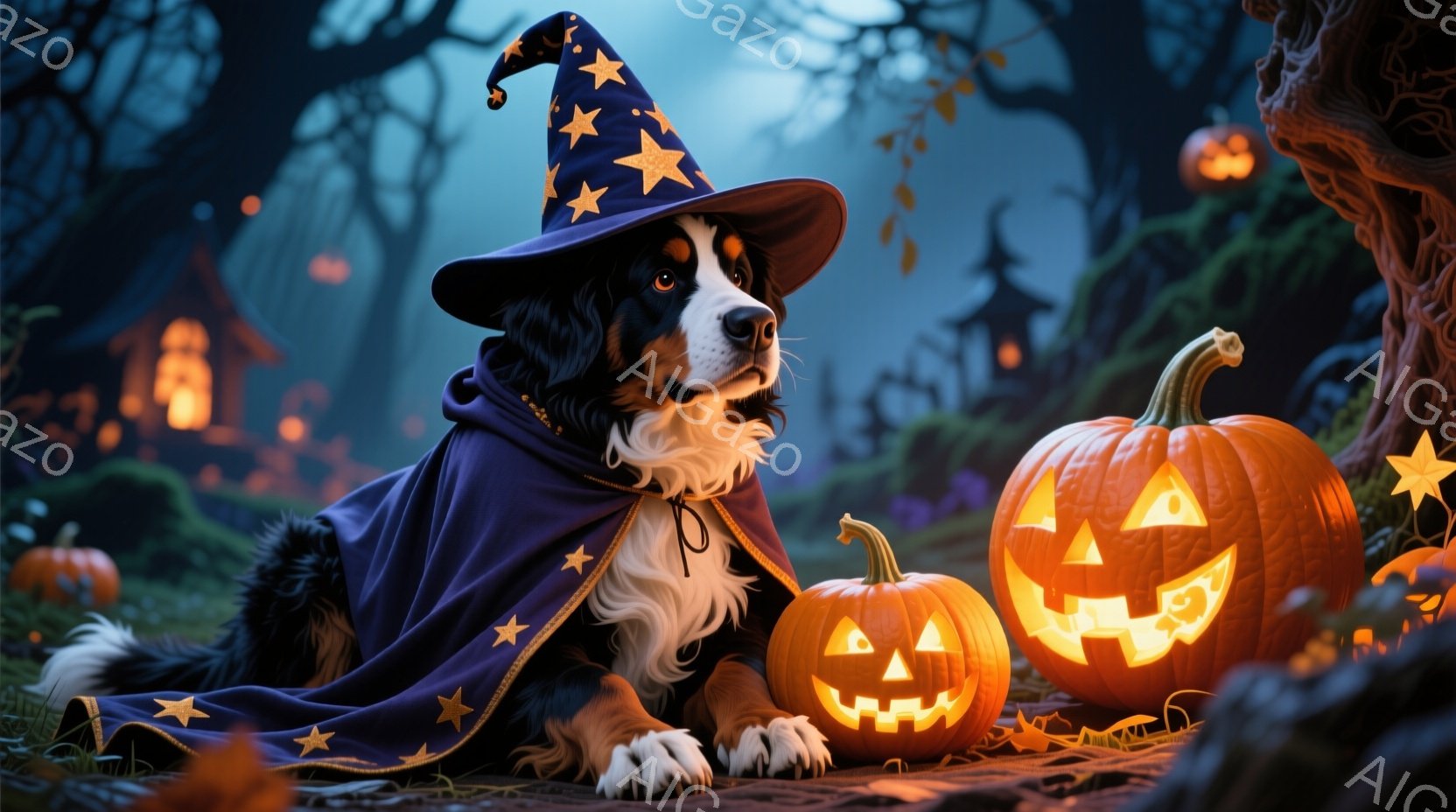 白と黒の毛並みを持つ犬が、星が刺繍された紫色の魔法使いのローブと帽子を身に着け、横たわっています。犬は穏やかな表情で、傍らにはジャック・オー・ランタンが2つ置かれ、薄暗い森の中に位置しています。背景に - AI生成フリー素材