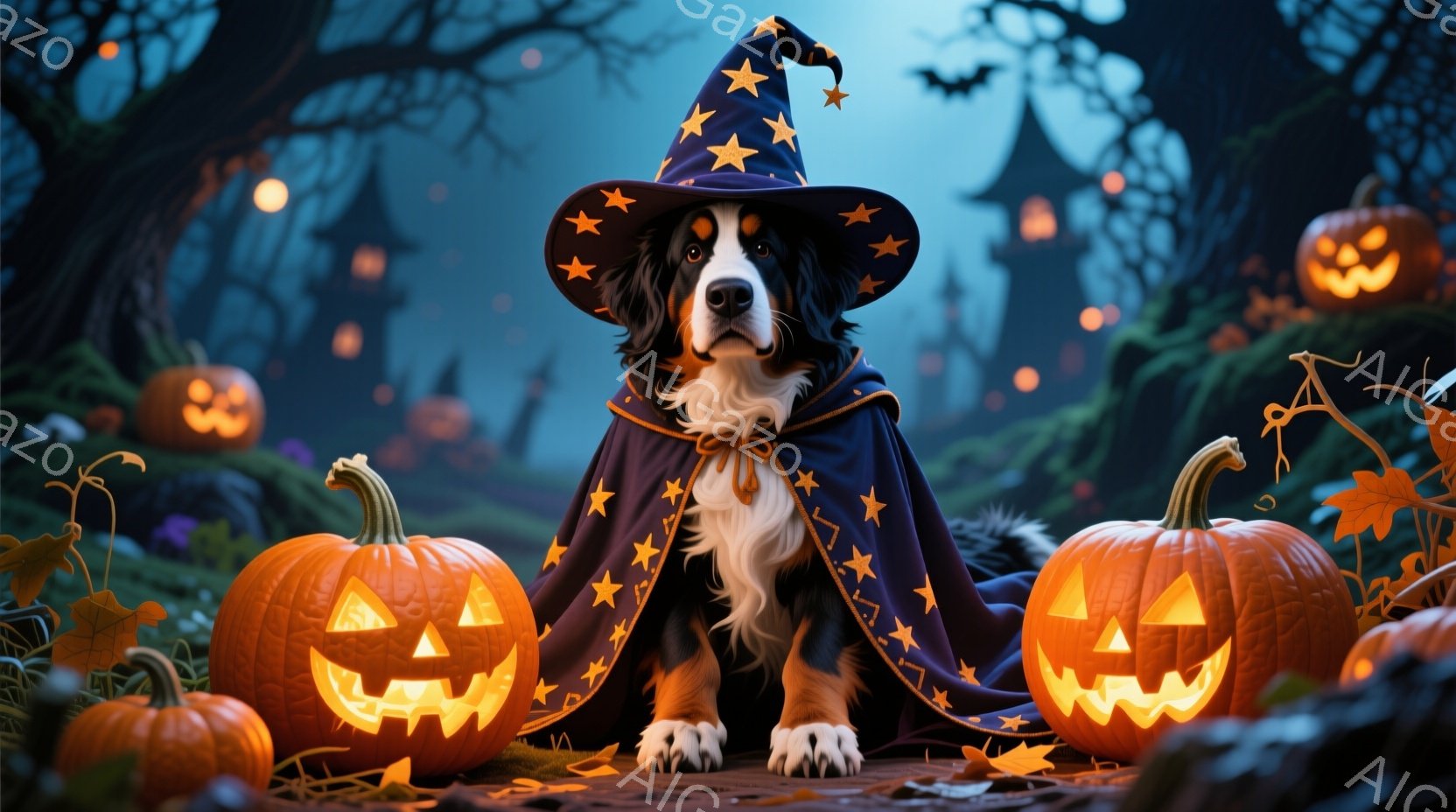 大きなバーニーズ・マウンテン・ドッグが、星が刺繍された黒い魔法使いの帽子とマントを身に着けて座っています。周囲にはジャック・オー・ランタンが配置され、背後にはお化け屋敷のような建物と、暗い夜空と木のシルエットが見えます。全体的にハロウィーンの夜の幻想的で遊び心のある雰囲気が漂っています。