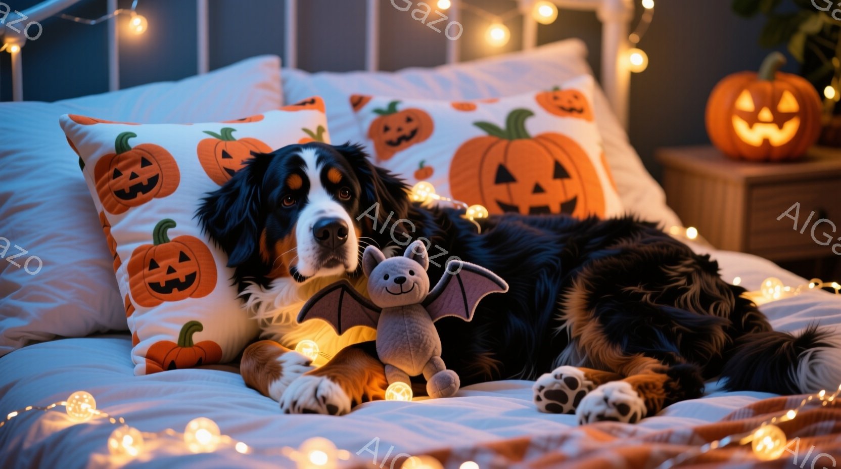 大きなベルネーズ・マウンテン・ドッグが、ハロウィーンの模様が描かれた枕に寄りかかり、ベッドの上でリラックスしています。そばには、小さなコウモリのぬいぐるみがあり、犬は穏やかな表情でカメラを見つめています。背景には、点滅するオレンジ色のライトと、ハロウィーンの飾りであるジャック・オー・ランタンが置かれたナイトスタンドが見え、全体的に暖かく、居心地の良い雰囲気です。