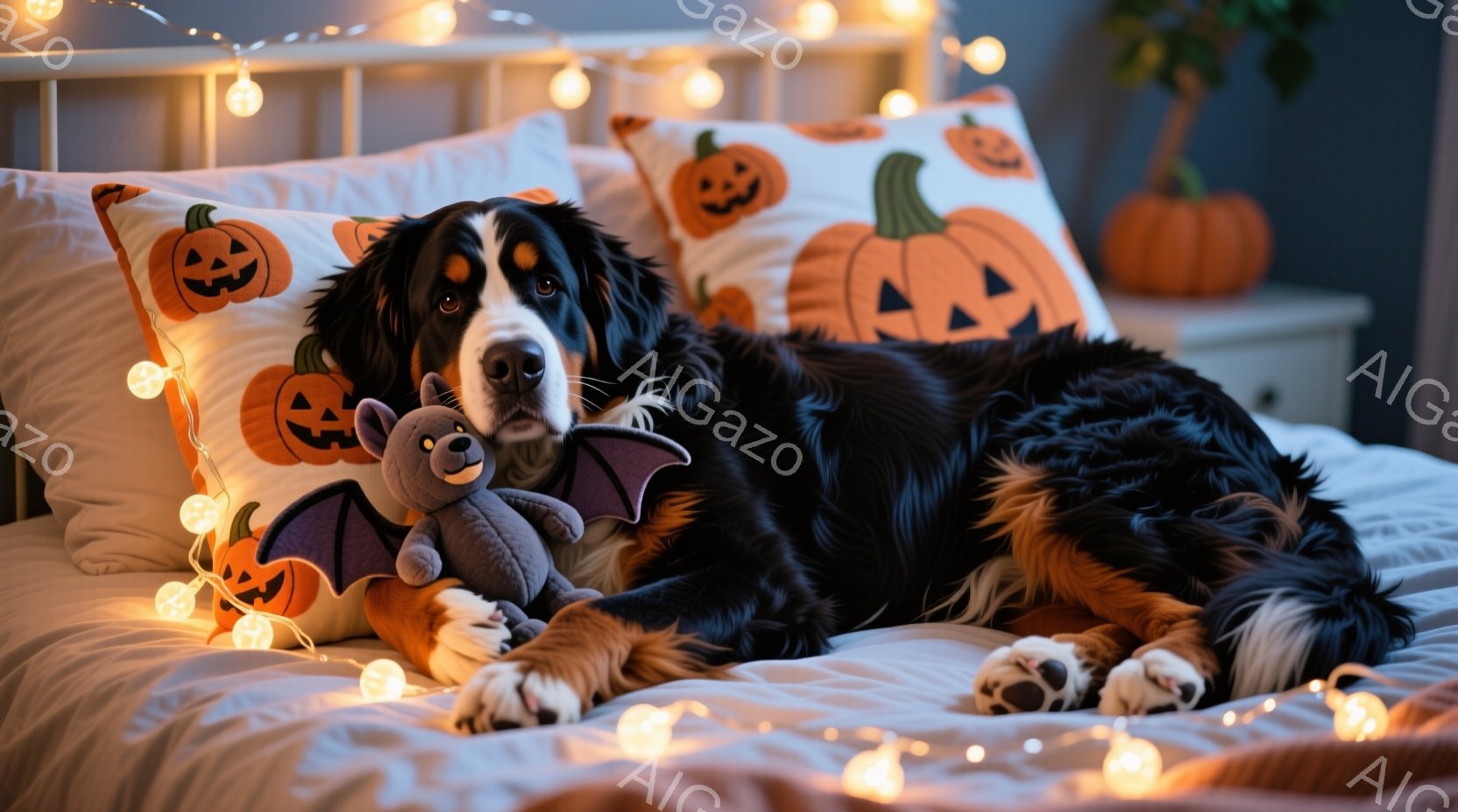 大きなバーニーズ・マウンテン・ドッグがベッドの上でリラックスして横たわっており、そばにはコウモリのぬいぐるみが寄り添っています。ベッドにはハロウィーンのテーマのパンプキンプリントの枕が置かれ、ベッドの周りには温かみのある光のストリングライトが飾られています。全体的に、心地よく、お祝いの雰囲気で、ハロウィーンの準備ができているような室内空間です。