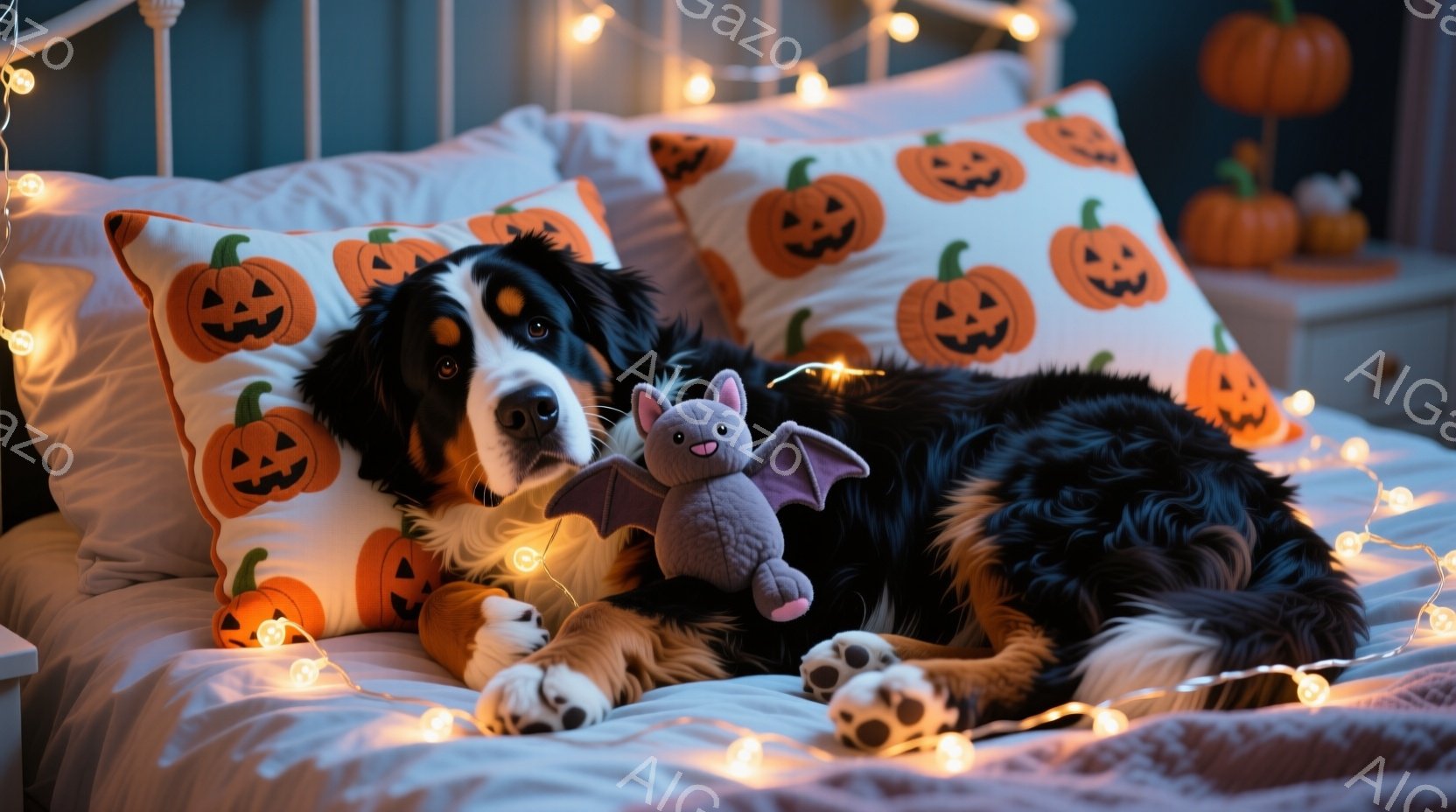 大きなバーニーズ・マウンテン・ドッグが、ハロウィーンをテーマにしたオレンジ色のカボチャ柄の枕が並んだベッドでリラックスして横たわっています。その足元には、ハロウィーンらしい足跡が描かれたおもちゃと、小さなコウモリのぬいぐるみが置かれています。ベッドの周りには、温かい光を放つフェアリーライトが飾り付けられ、全体的に秋らしく、ハロウィーンの雰囲気満載の心地よい空間を作り出しています。