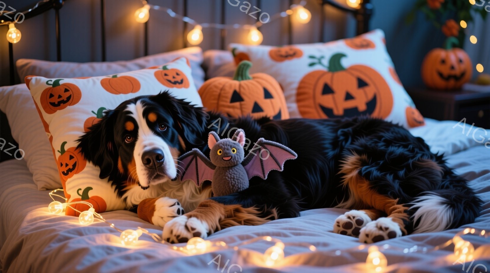 大きなバーニーズ・マウンテン・ドッグがベッドに横たわり、足元には可愛らしいコウモリのぬいぐるみが置かれています。背景にはハロウィーンを意識したカボチャ柄のクッションと、温かみのあるオレンジ色のイルミネーションが飾られています。 全体的に、ハロウィーンの楽しい雰囲気を醸し出す、温かく心地よいシーンです。