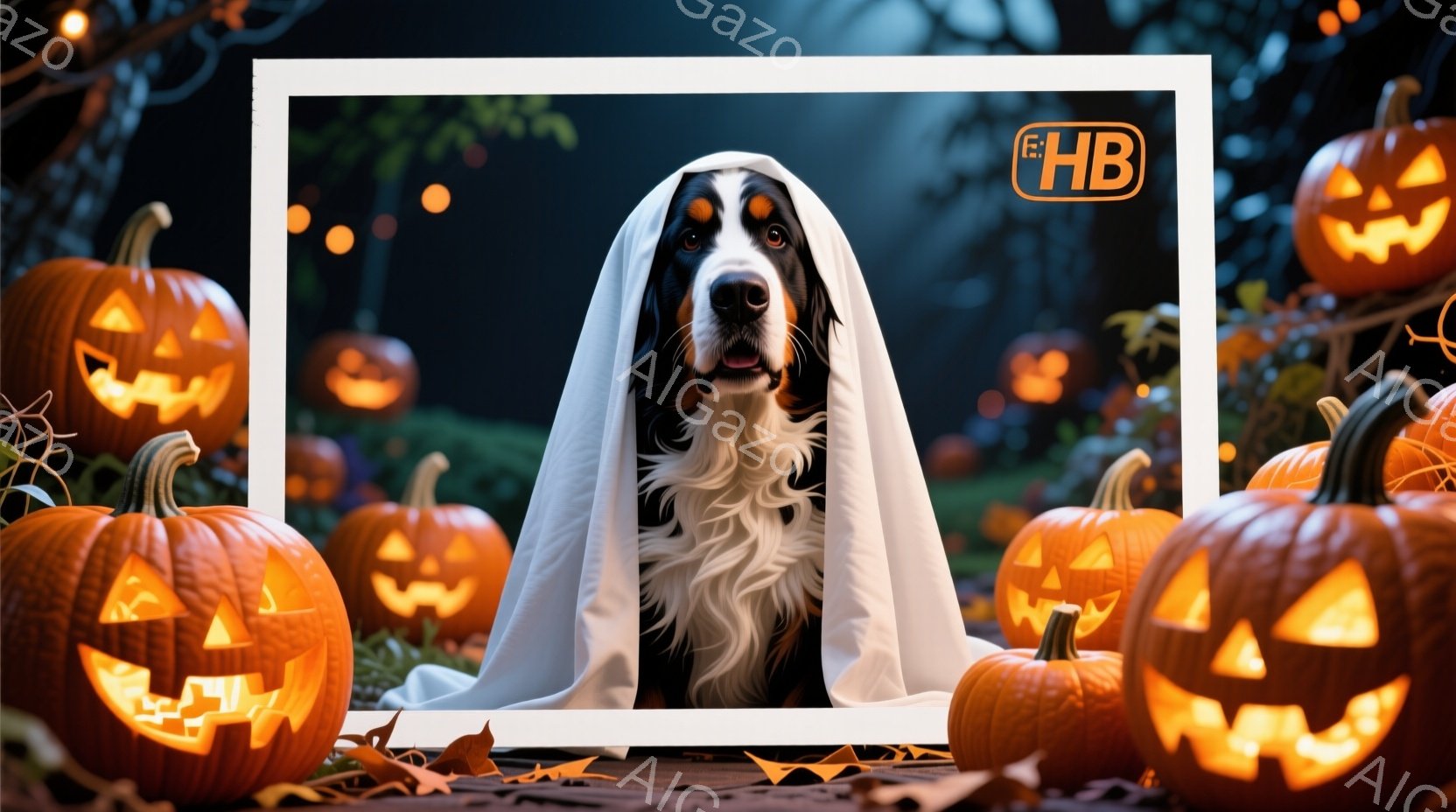 1. 人物は犬であり、白と黒の毛色を持つ。2. 犬は被り物（フード）を身に付けており、耳も有している。3. 犬は直立した姿勢で前足を出し、瞳が赤で驚きの表情を示している。4. 背景には多数のjack-o'-lanternsがあり、夜間の漆黒な空と低く吹く風が感じられる。5. 全体的にスポオキーズな雰囲気で、ホログラフィックなイメージを持つ。