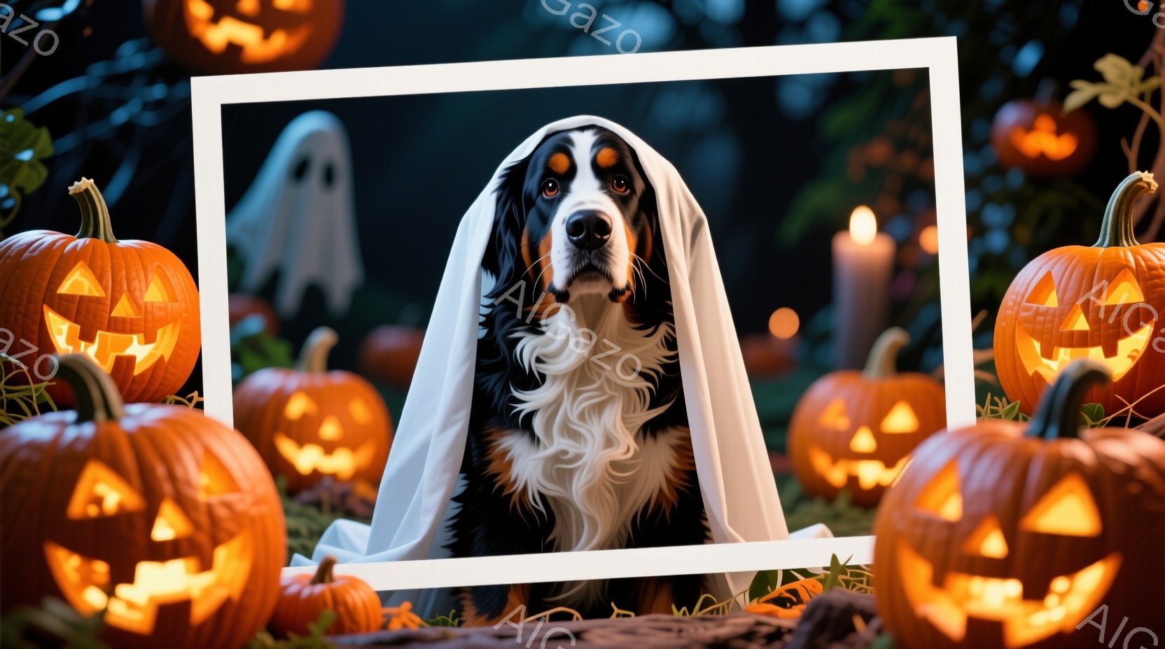 ハロウィーンをテーマにした画像で、ベルニース・マウンテン・ドッグが白い幽霊のような布をまとい、正面を見つめている。背景にはジャック・オ・ランタンが複数配置され、ぼんやりとした光を放っており、ハロウィーンらしい雰囲気を醸し出している。全体的に暗く、ミステリアスで遊び心のある、お祝いのムードが漂っている。