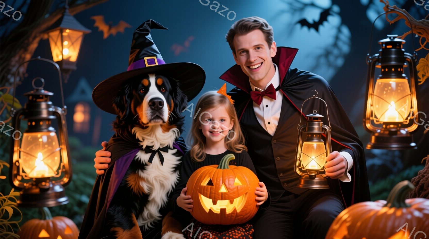 ハロウィーンの衣装を着た家族が写っています。男性は黒い衣装とケープ、赤い蝶ネクタイを身に着け、女性はオレンジ色の衣装を着て、カボチャのランタンを抱えています。背景には、お化け屋敷のような建物、カボチャ - AI生成フリー素材