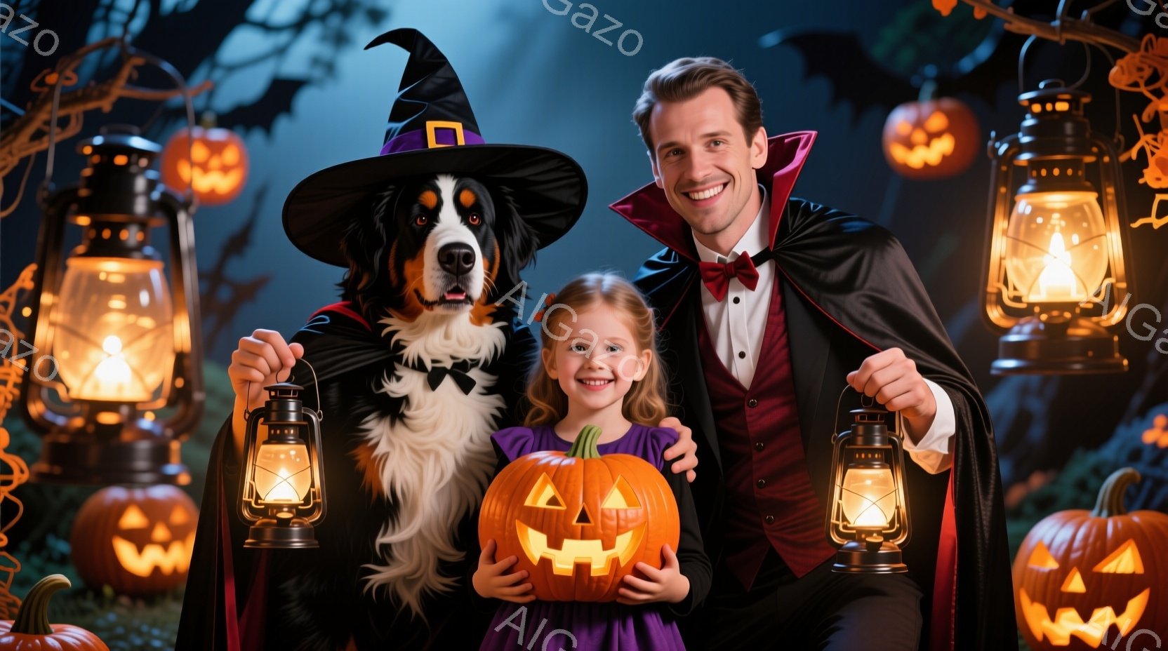 ハロウィーンの装飾に囲まれた、若い女性と男性、そして犬が写っています。女性は紫色のドレスを着て、男性は吸血鬼の衣装（黒いマントと赤い蝶ネクタイ）を着ており、犬は魔女の帽子をかぶっています。背景には、ジ - AI生成フリー素材