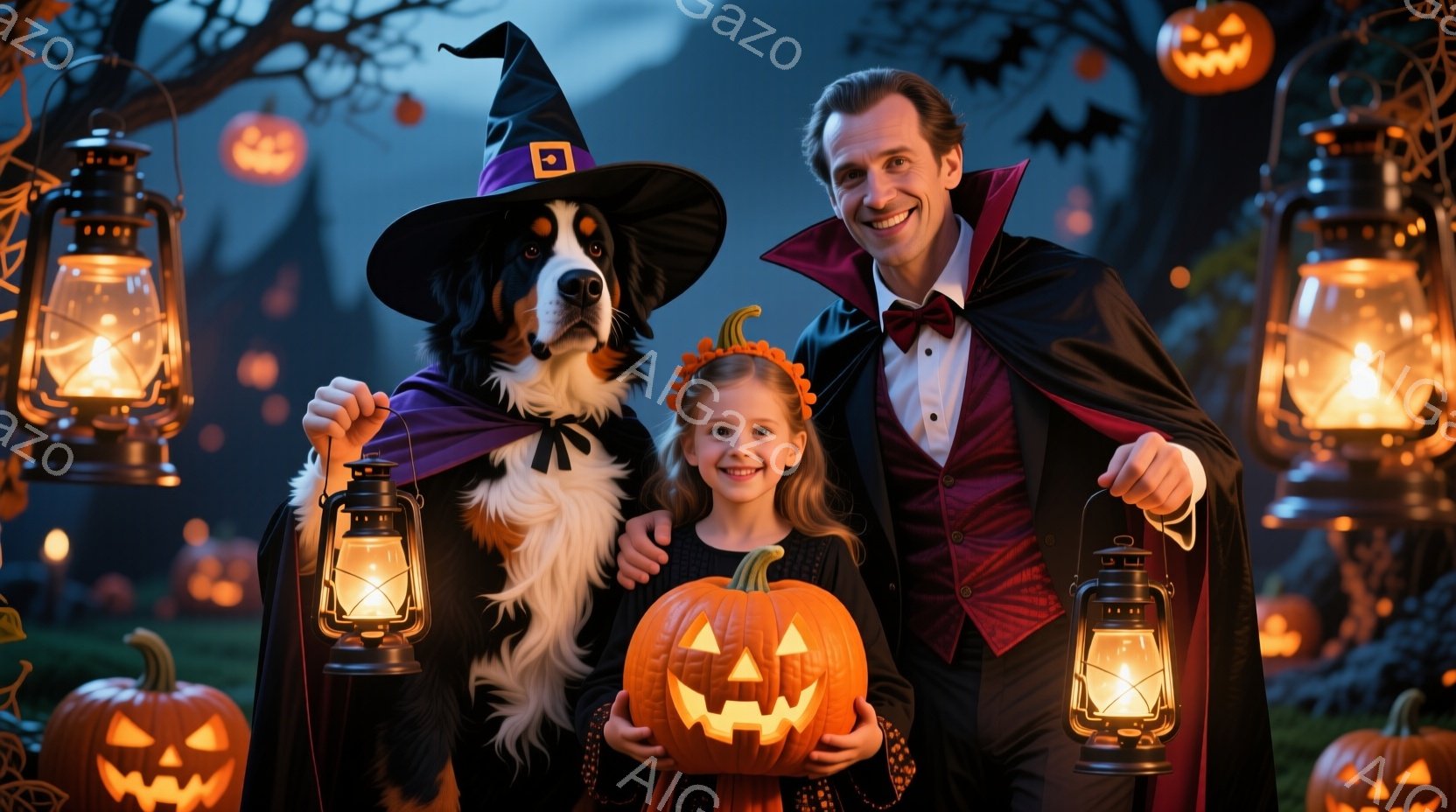 ハロウィーンをテーマにした家族写真です。男性は吸血鬼の衣装で、女性と犬はそれぞれ魔女と吸血鬼の帽子をかぶっています。背景には、オレンジ色のジャック・オー・ランタンやランタンが並び、少し不気味ですが楽し - AI生成フリー素材