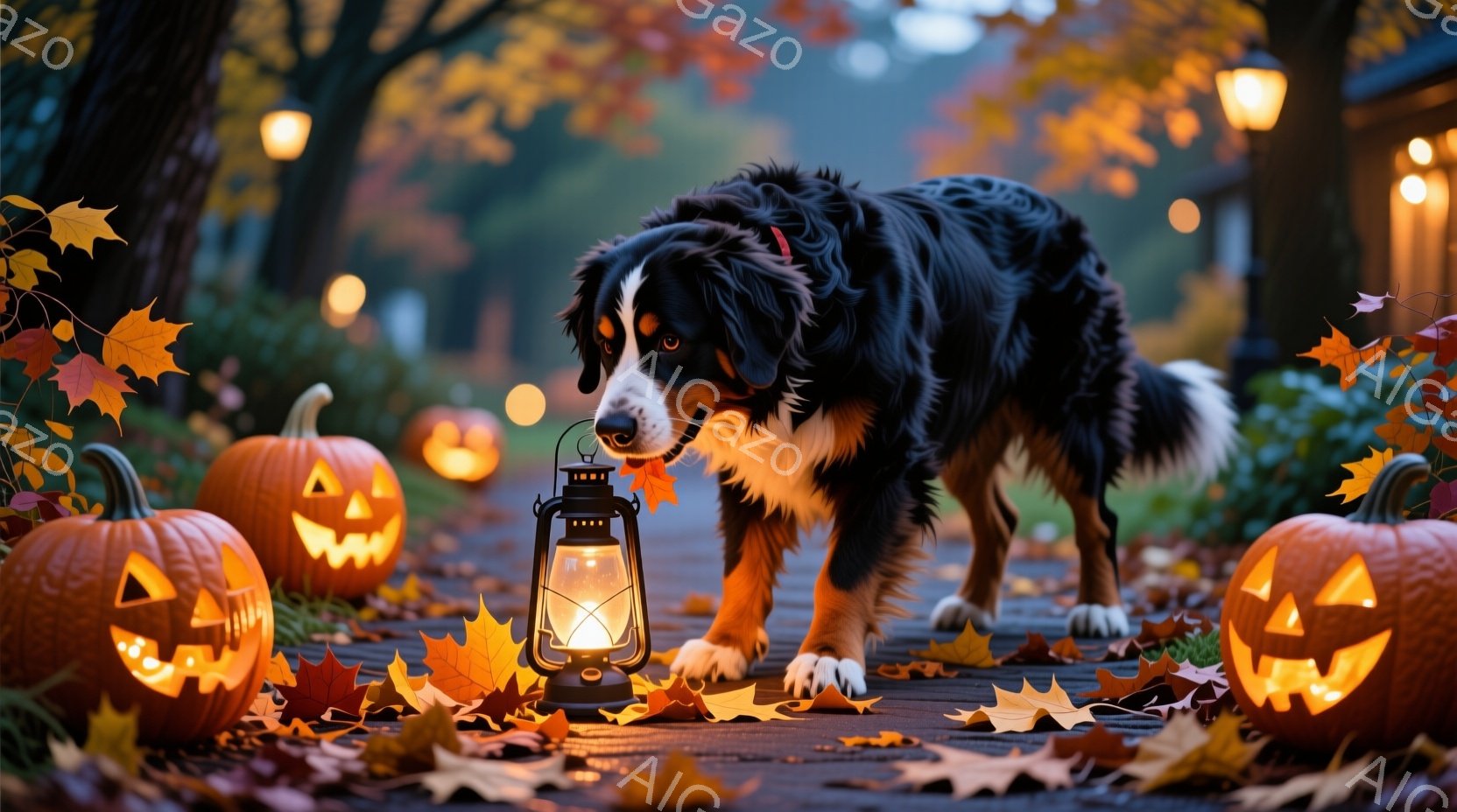 ハロウィーンの雰囲気を感じさせる画像で、彫刻が施されたカボチャがいくつか並べられています。ベルンマウンテン・ドッグが、地面に散らばった紅葉と点在するカボチャの間を歩いており、足元には点灯したランタンが - AI生成フリー素材