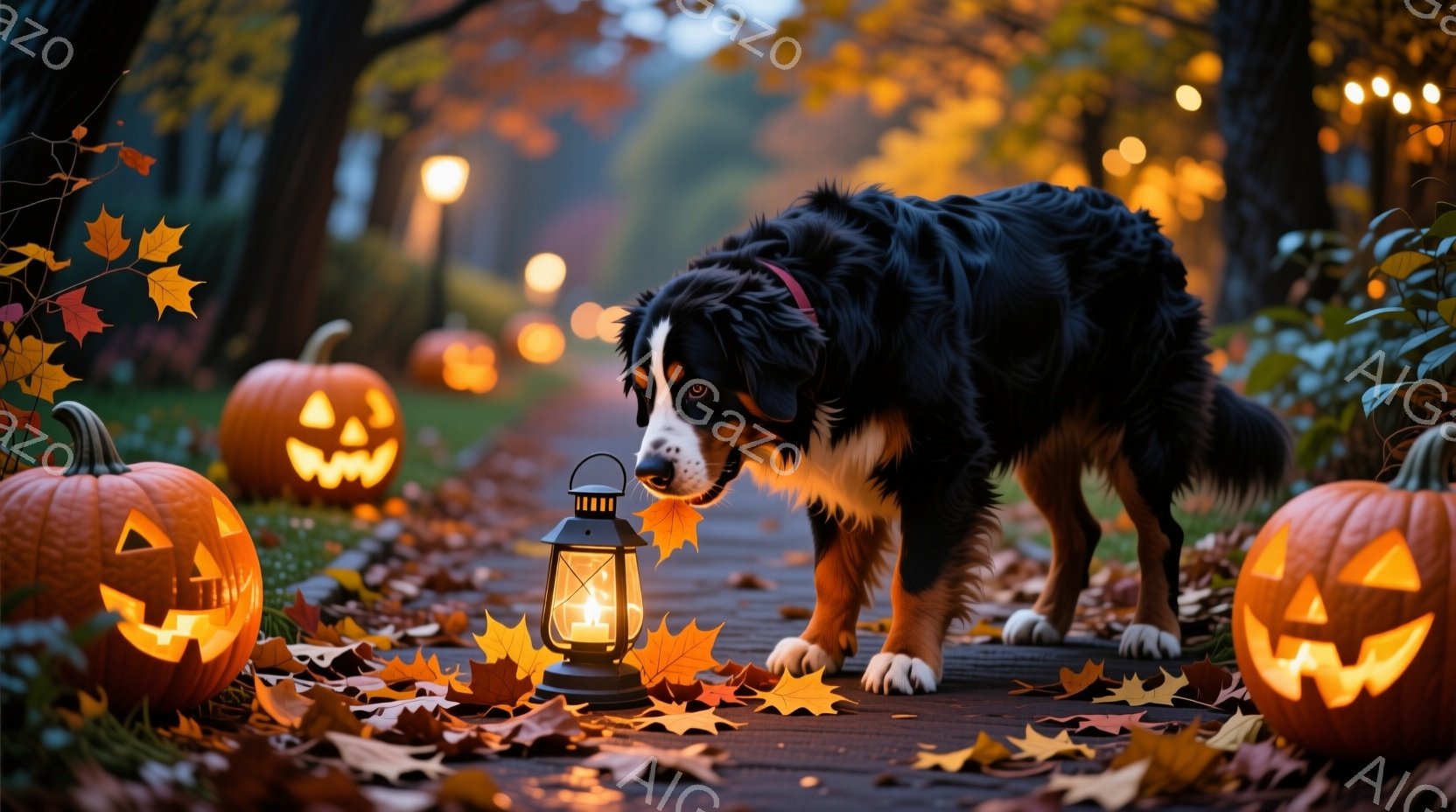 暖かく輝くハロウィーンの雰囲気の中で、大きなベルン山犬が落ち葉が散らばる遊歩道を歩いています。周りには、不気味な笑顔を浮かべた彫刻が施されたカボチャが並び、薄暗い背景にはぼんやりとした街灯が灯っています。犬は何かを嗅ぎ、秋の夕暮れの落ち着いた、お祝いの雰囲気を醸し出しています。