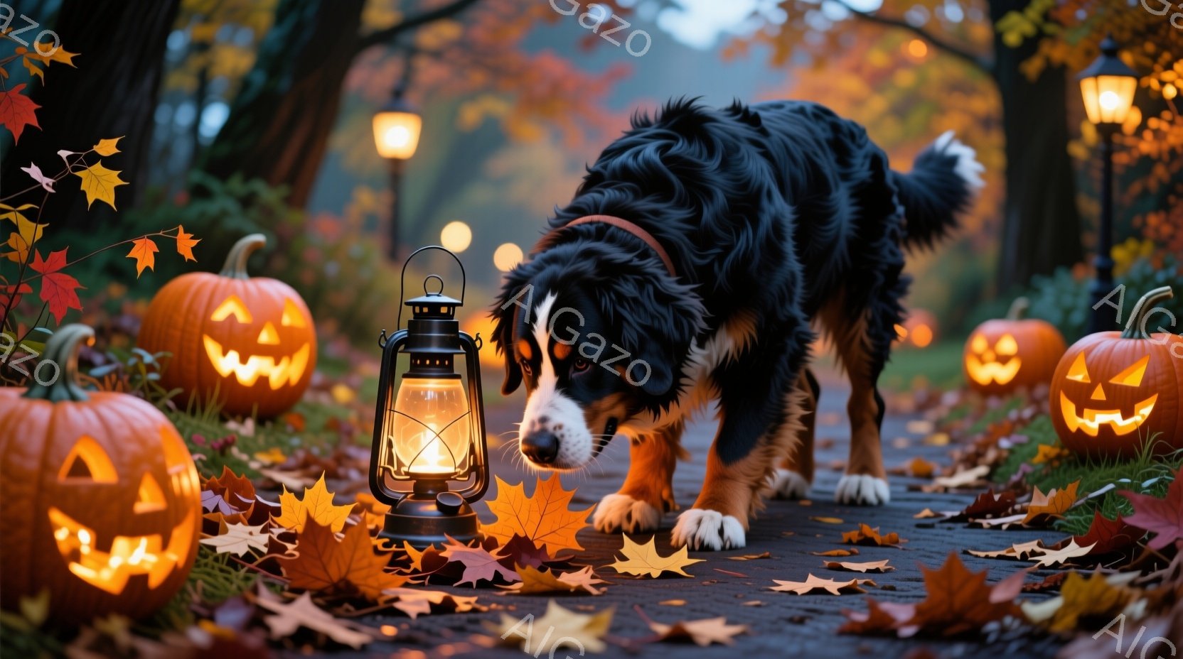 ハロウィーンの装飾が施された道に、大きなバーニーズ・マウンテン・ドッグが歩いている。周囲にはジャック・オ・ランタンが置かれ、地面には落ち葉が散らばり、趣のある雰囲気を作り出している。犬は興味深そうに地面のランタンを見つめ、秋の夕暮れ時の温かく幻想的な光景が広がる。