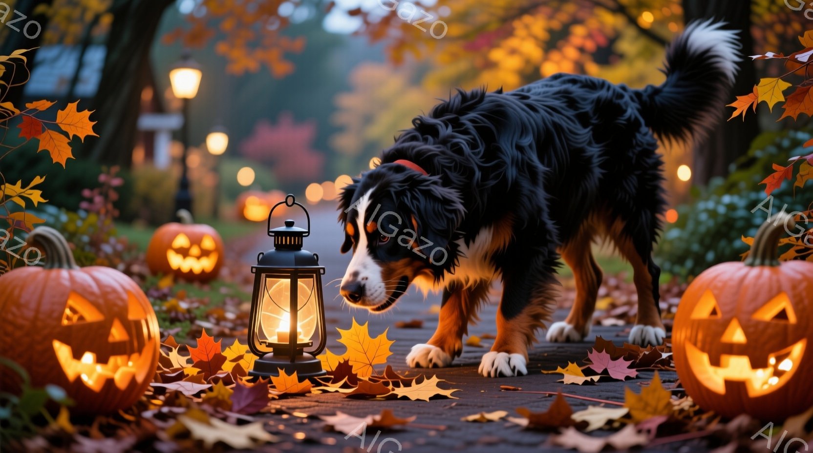 美しい秋の風景の中に、ベルニース・マウンテン・ドッグが石畳の道を歩いています。道にはカボチャのランタンと落ち葉が散らばり、背景にはぼやけた街灯と木々が見え、ハロウィンの雰囲気を感じさせます。犬はリラックスした表情で、暖かく穏やかな秋の夜の散歩を楽しんでいるようです。