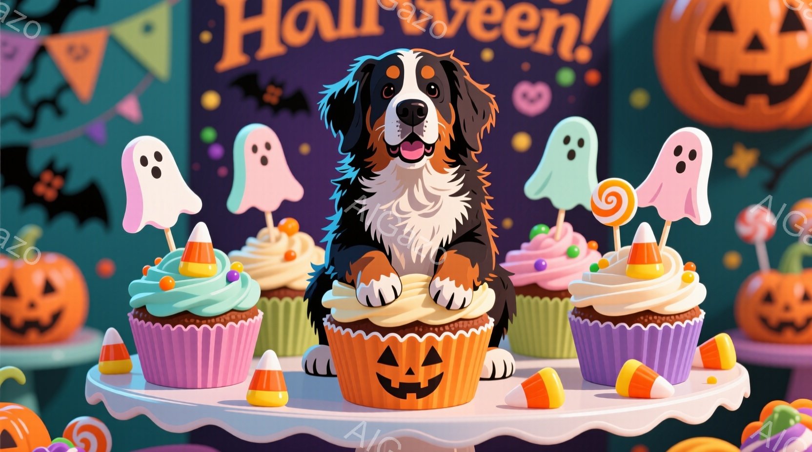 ハロウィーンをテーマにした画像で、大きな犬がカップケーキの上に立っています。カップケーキは、オレンジと紫の色合いで、ハロウィーンの装飾が施されています。背景には、カボチャのランタンや幽霊が浮かび、お祝 - AI生成フリー素材