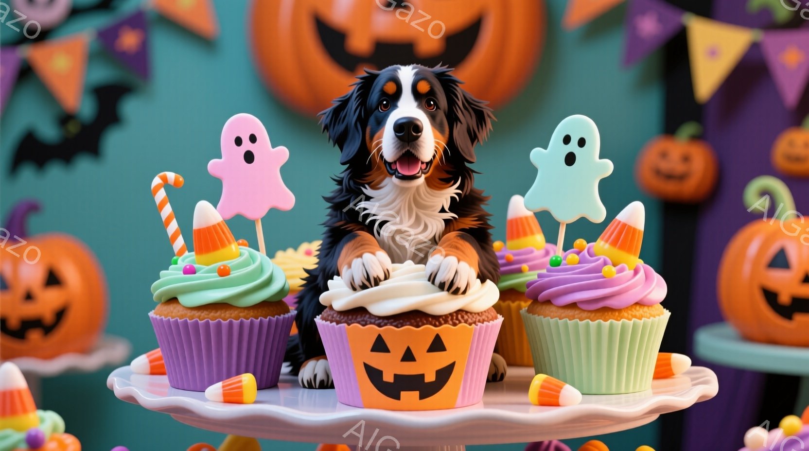 ハロウィーンをテーマにした画像で、大きな犬がカップケーキの山の上に立っています。犬は茶色と白の毛並みで、嬉しそうな表情をしています。背景にはオレンジ色のカボチャの飾りや紫色の旗、お化けの形の飾りが散り - AI生成フリー素材