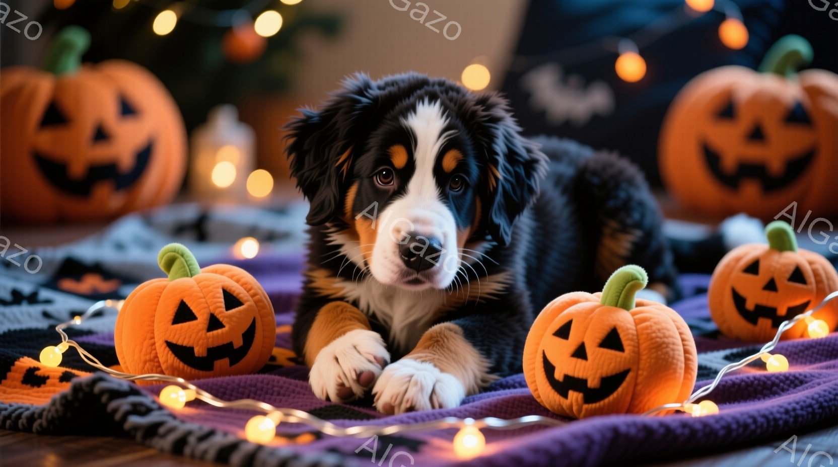 ハロウィーンの装飾に囲まれた、ふわふわとしたベルニース・マウンテン・ドッグの子犬が描かれています。子犬は紫色の毛布の上に腹ばいになり、リラックスした表情でこちらを見ています。背景にはオレンジ色のジャック・オー・ランタンと光る電飾があり、お祝いムードを醸し出しています。