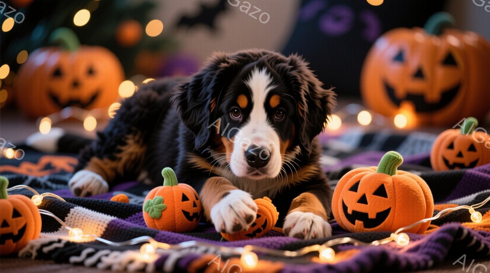白、黒、茶色の毛並みを持つベルネーゼ・マウンテン・ドッグの子犬が、紫色の毛布の上に横たわっており、周りには様々な大きさのジャック・オー・ランタンとオレンジ色の光が散りばめられています。子犬はカメラ目線 - AI生成フリー素材