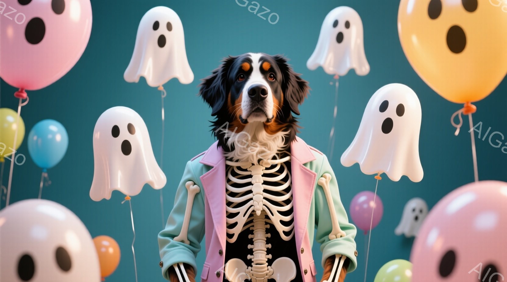 大きな犬がハロウィーンの衣装を着ています。緑色のジャケットの中に骸骨の衣装を着ており、少し困ったような表情をしています。背景には、様々な色の幽霊のバルーンが浮かんでおり、お祝いムードを醸し出しています。