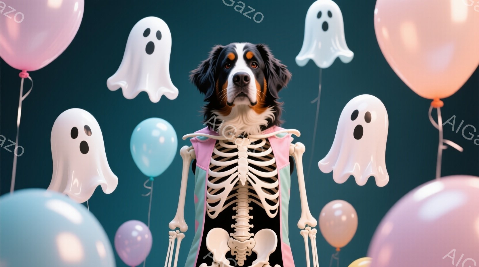 大きな犬がハロウィーンの骸骨の衣装を着て、ピンク色のローブを羽織っています。犬は正面をまっすぐ見つめており、その表情は穏やかで少しユーモラスです。背景には、パステルカラーの風船と白いお化けの形をした風 - AI生成フリー素材