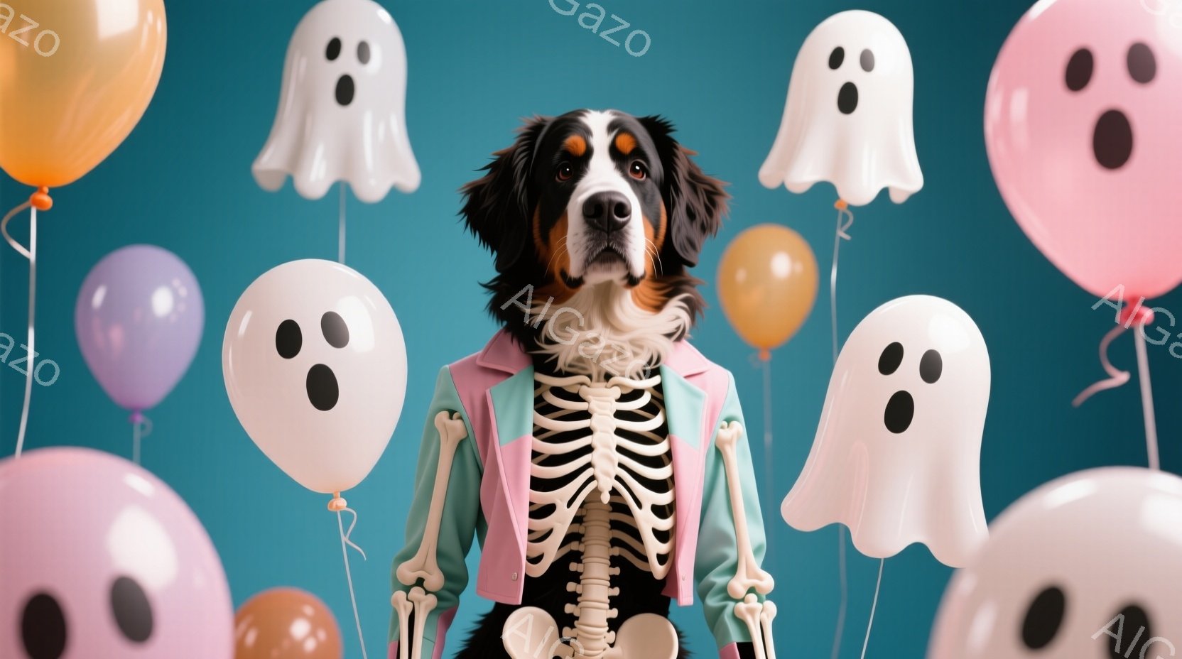 大きな犬が骸骨柄のベストとピンク色のジャケットを着て正面を見つめています。背景には、様々な色の風船と幽霊の形をしたバルーンが浮かび、ハロウィーンのようなお祝いの雰囲気を醸し出しています。犬は穏やかな表 - AI生成フリー素材