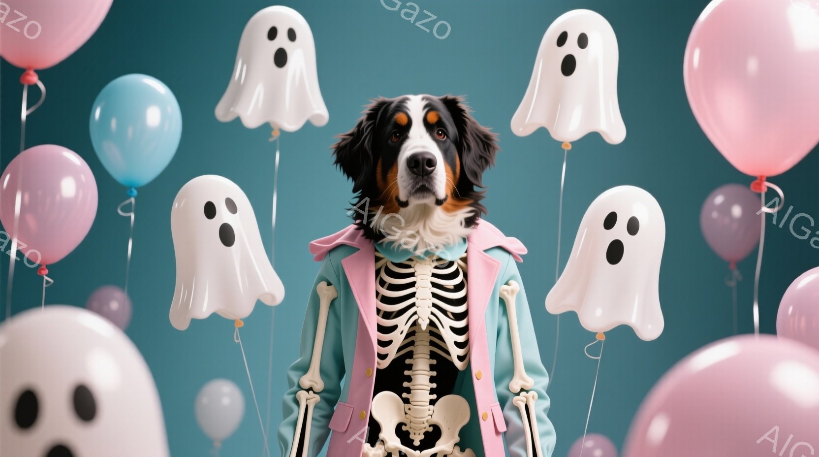 大きな犬がハロウィーンの衣装を着ています。ピンク色のジャケットを着て、その中に骸骨の衣装を着ています。背景には、様々な色の幽霊の風船が浮かび、お祝いムードを演出しています。 - AI生成フリー素材