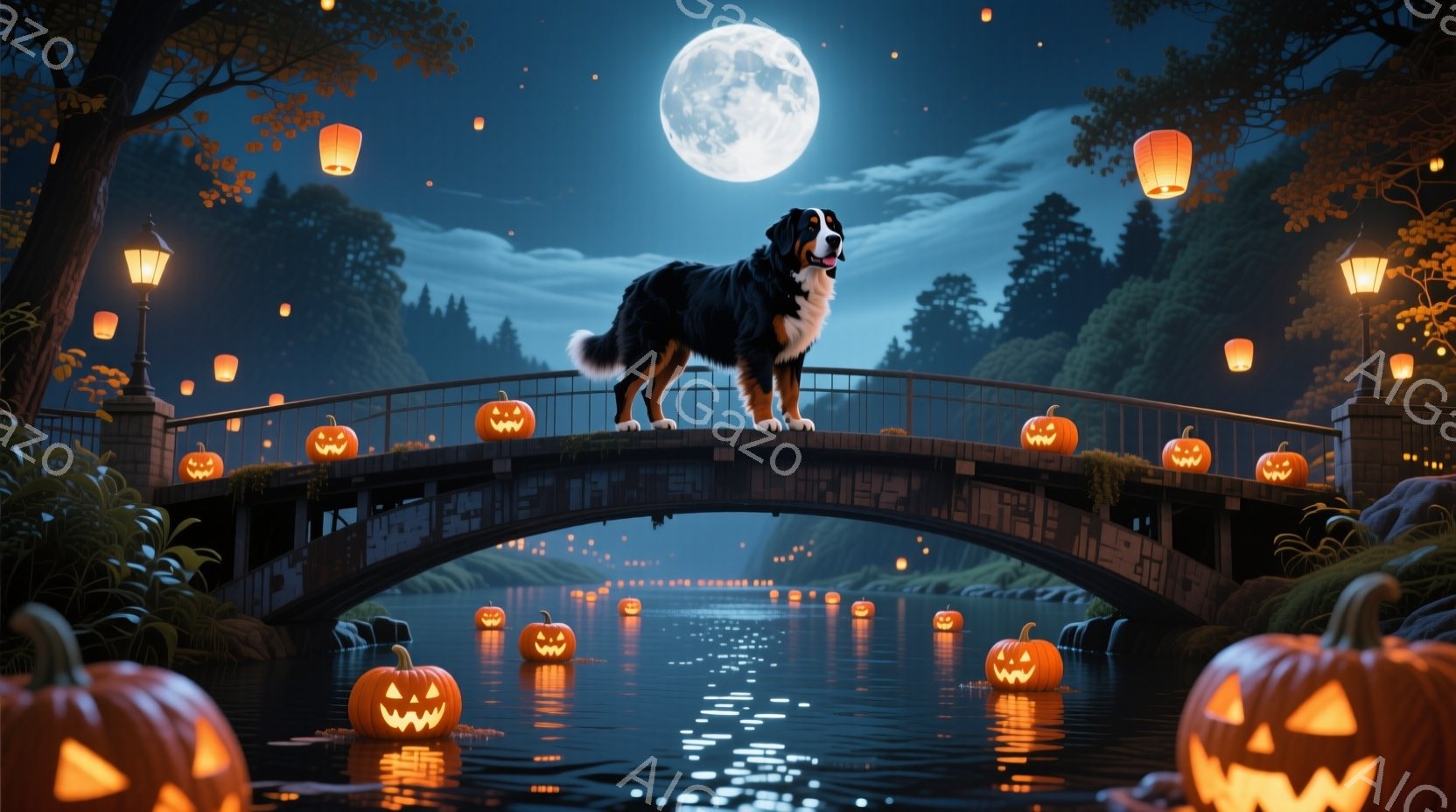 満月の夜、石造りのアーチ橋の上に、黒と白の毛並みを持つ大きな犬が堂々と立っている。橋の欄干や水面には、ハロウィーンの装飾であるジャック・オ・ランタンが浮かび、周囲の木々は夜の闇にシルエットを描いている。全体的に、神秘的で幻想的な雰囲気が漂い、ハロウィーンの夜の静けさと美しさを表現している。