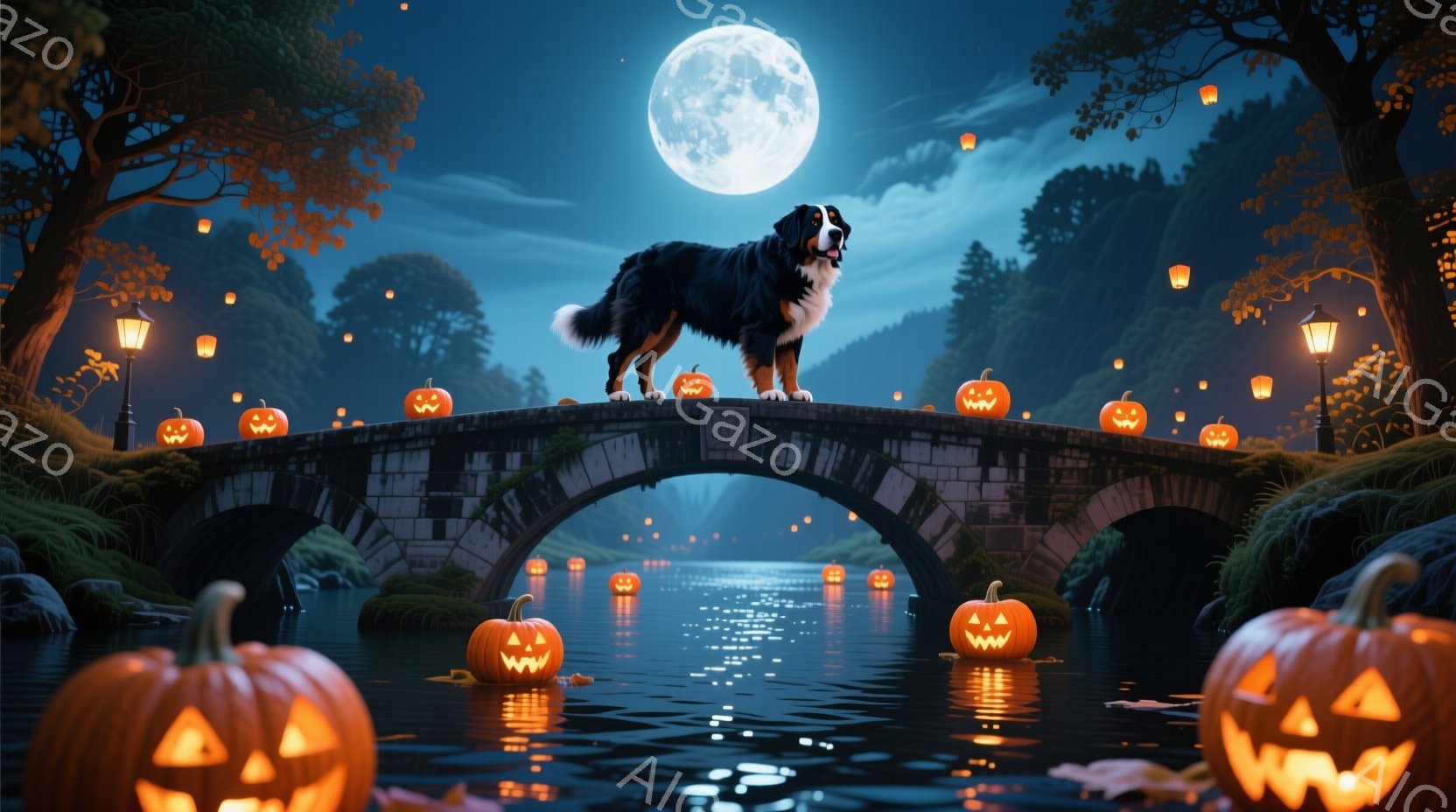 アーチ型の石橋の上で、毛並みの美しいバーニーズ・マウンテン・ドッグが堂々と立っている。周囲の水面と橋の欄干には、ハロウィンらしいジャック・オー・ランタンが浮かび、背景には暗い森が広がり、満月が輝いている。全体的に、神秘的で幻想的なハロウィンの夜の雰囲気が漂っている。