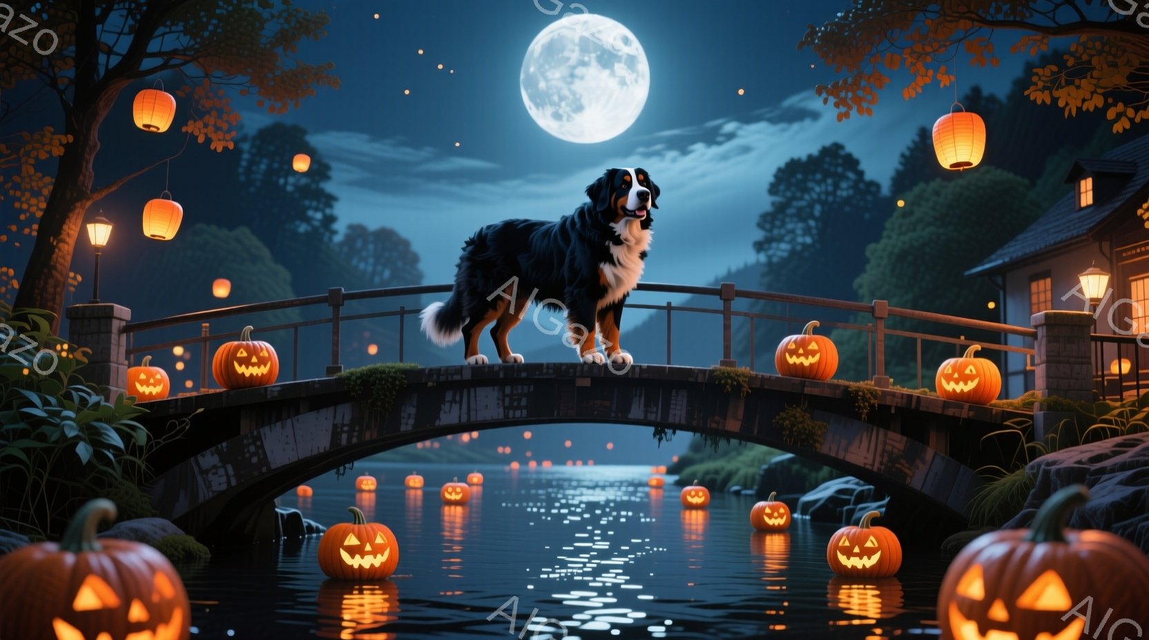 夜空を映す月と星々が照らす、日本の伝統的な祭りである「つばめ祭り」を模倣した場面を示しています。中心にはツバメ型の落葉樹が描かれており、その上部には多数の燈台が点在している。これは、秋の風物として一般的な印象を与えます。 前面には、黒白の顔色の毛皮を持つカールコップ（シェップキューンドッグ）が見事なポジションで立っている。その体はまさに四肢を広げた姿勢を示し、頭は優雅に地面についているように見えます。 最前面には、照明用の燈台と石造りの橋があります。その下方には小さな精霊を描いた落葉樹の中で、ハロウィンのポップコーンに見立てられるものが複数存在しています。