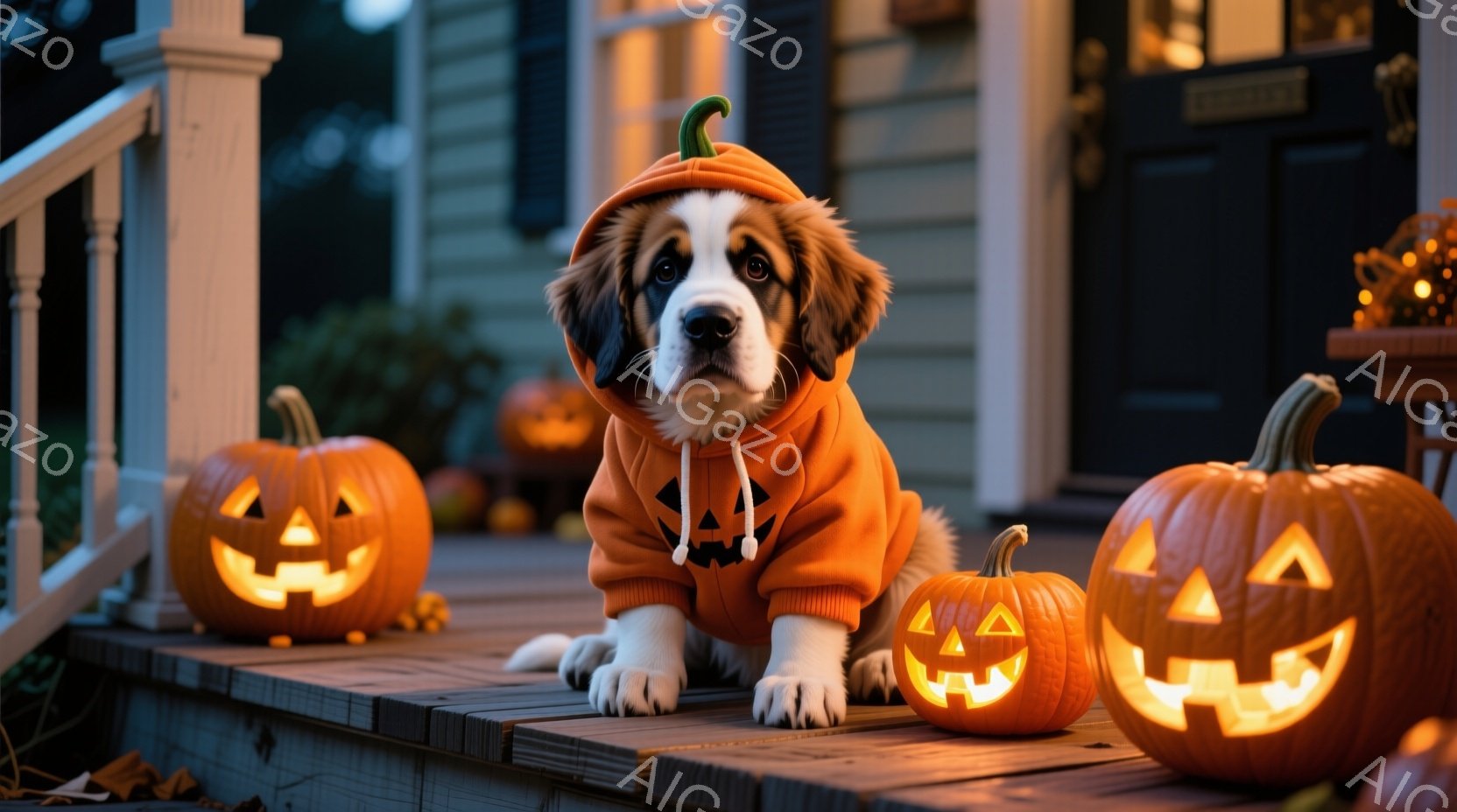 大きな犬がハロウィーンの衣装を着て、家のポーチに座っています。衣装はオレンジ色で、かぼちゃの顔が描かれており、頭には同じ色のフードが付いています。周りには点灯したジャック・オー・ランタンが置かれ、背景には暗い夜の家が見え、全体的に暖かく、お祝いムードに満ちた雰囲気です。