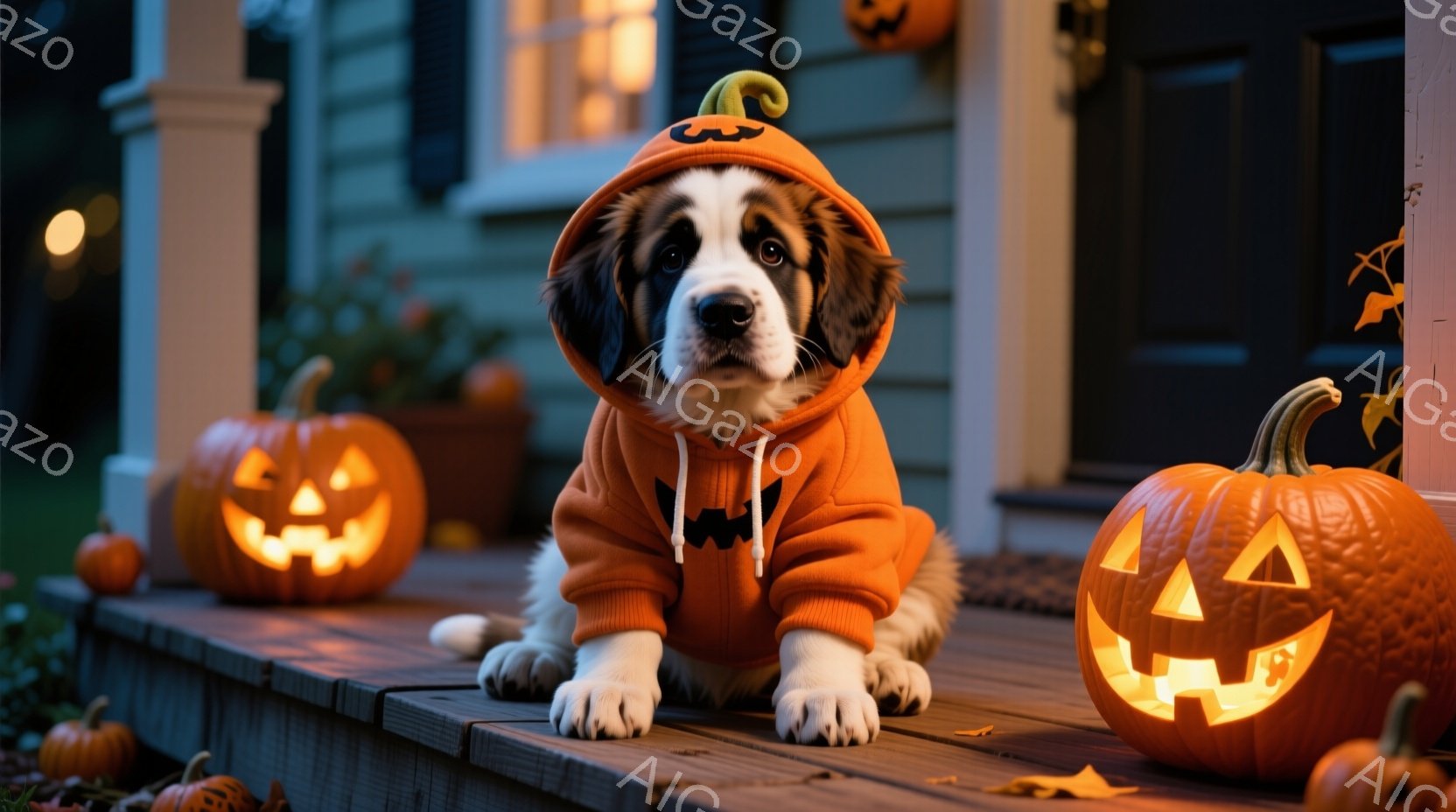 大きな犬がハロウィーンの衣装を着て、家のポーチに座っています。オレンジ色のパーカーのような衣装を着ており、頭にはおばけのモチーフが付いています。背景には、明るく照らされたジャック・オー・ランタンがいくつか置かれ、秋の雰囲気を感じさせます。