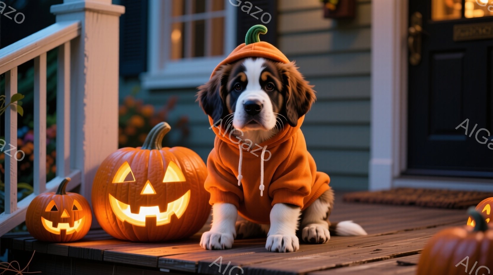 大きな犬がハロウィーンの衣装を着て、玄関の木製のデッキに座っています。犬はオレンジ色のカボチャの衣装を着ており、頭にはカボチャの帽子がついています。背景には、彫刻が施されたカボチャがいくつか置かれ、秋 - AI生成フリー素材
