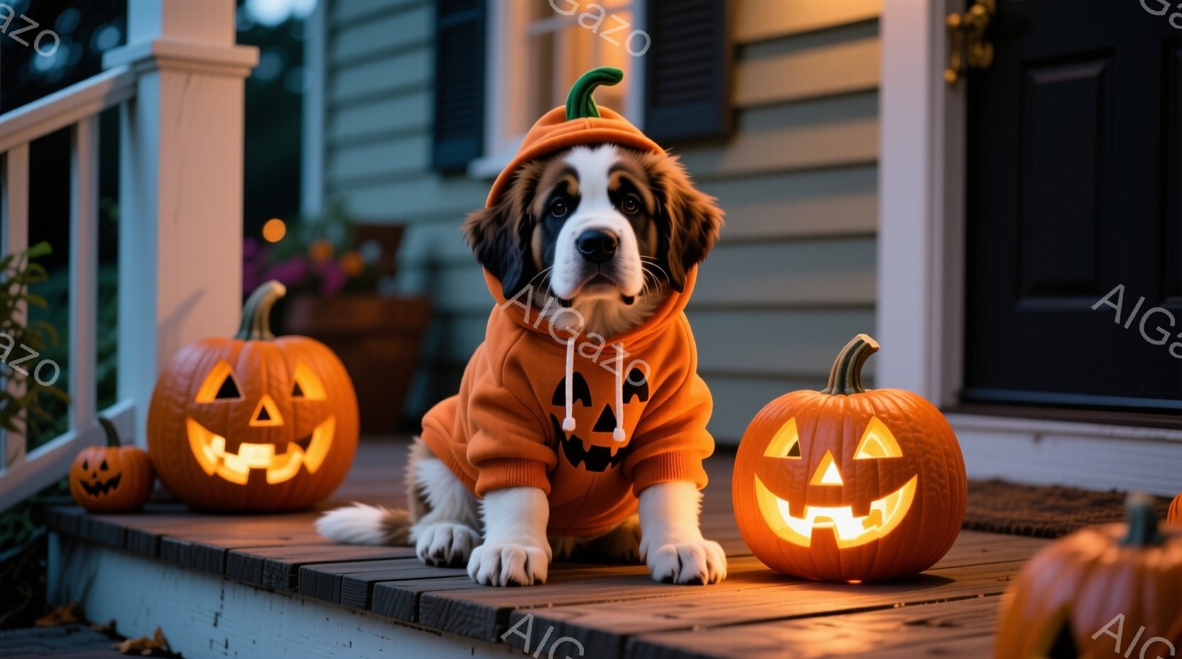 大きな犬がハロウィーンの衣装を着て、ポーチの階段に座っています。オレンジ色のパーカー型の衣装は、カボチャの顔が描かれており、犬の頭にはカボチャの帽子がついています。周囲には、彫刻されたカボチャのランタンが置かれ、秋の夜の温かく、お祝いの雰囲気を醸し出しています。