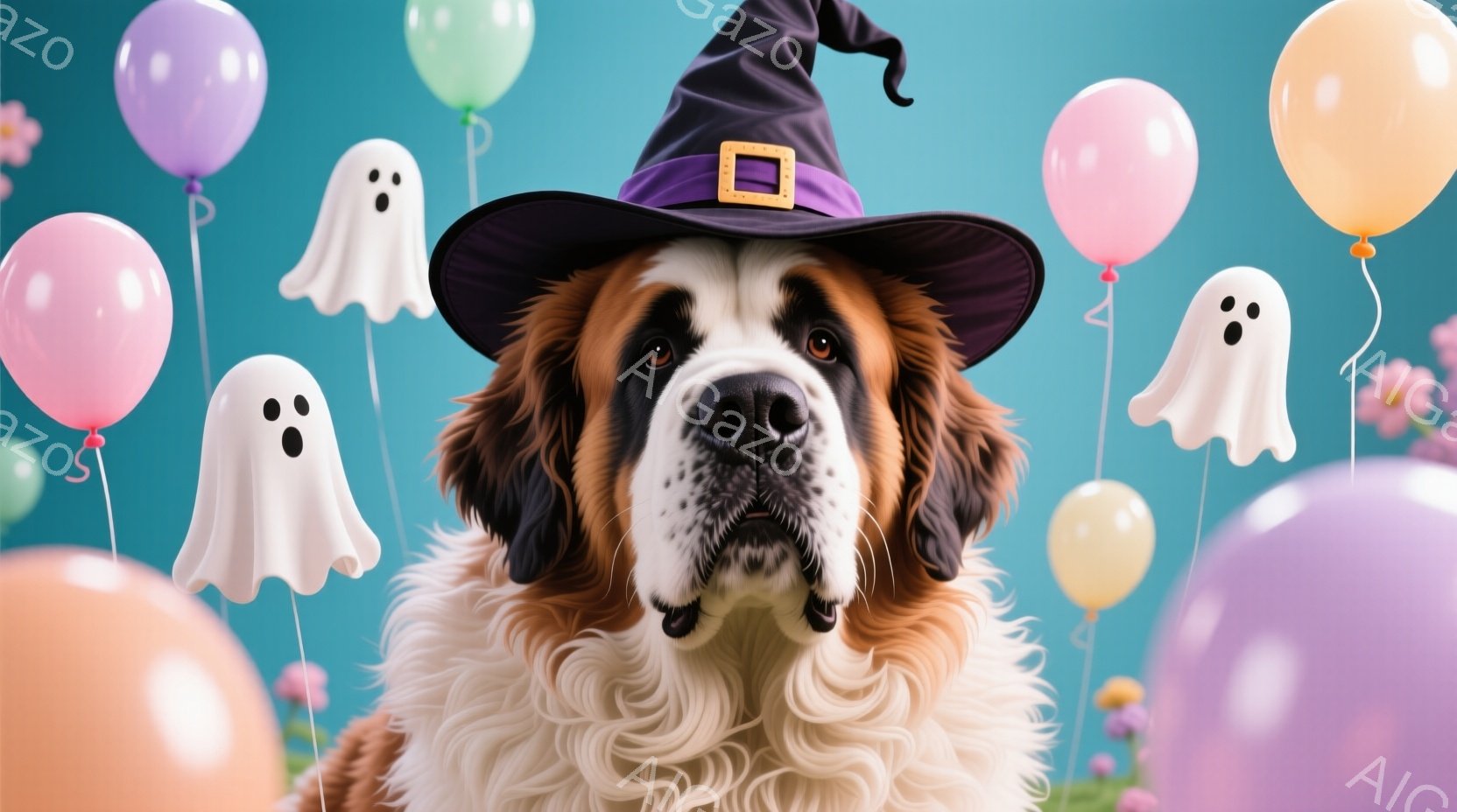 大きなセント・バーナード犬がハロウィーンの帽子を被っており、真剣な表情で正面を見つめている。背景には、パステルカラーの風船や幽霊の形をした飾りがあり、緑の草が生えている。全体的に、お祝いムードで、愛らしいハロウィーンの雰囲気が漂っている。