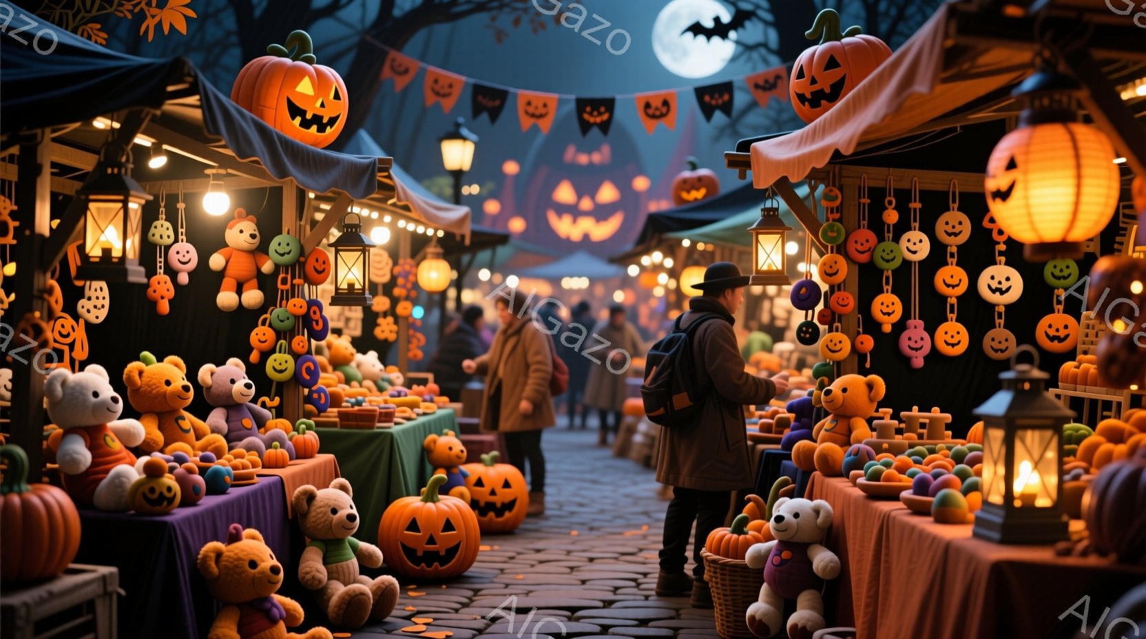 ハロウィーンの夜の賑やかな市場が描かれています。オレンジ色のカボチャやテディベア、可愛らしいおもちゃが並び、人々がそれらを眺めています。背景には、ライトアップされた建物や木のシルエット、そして満月が見 - AI生成フリー素材