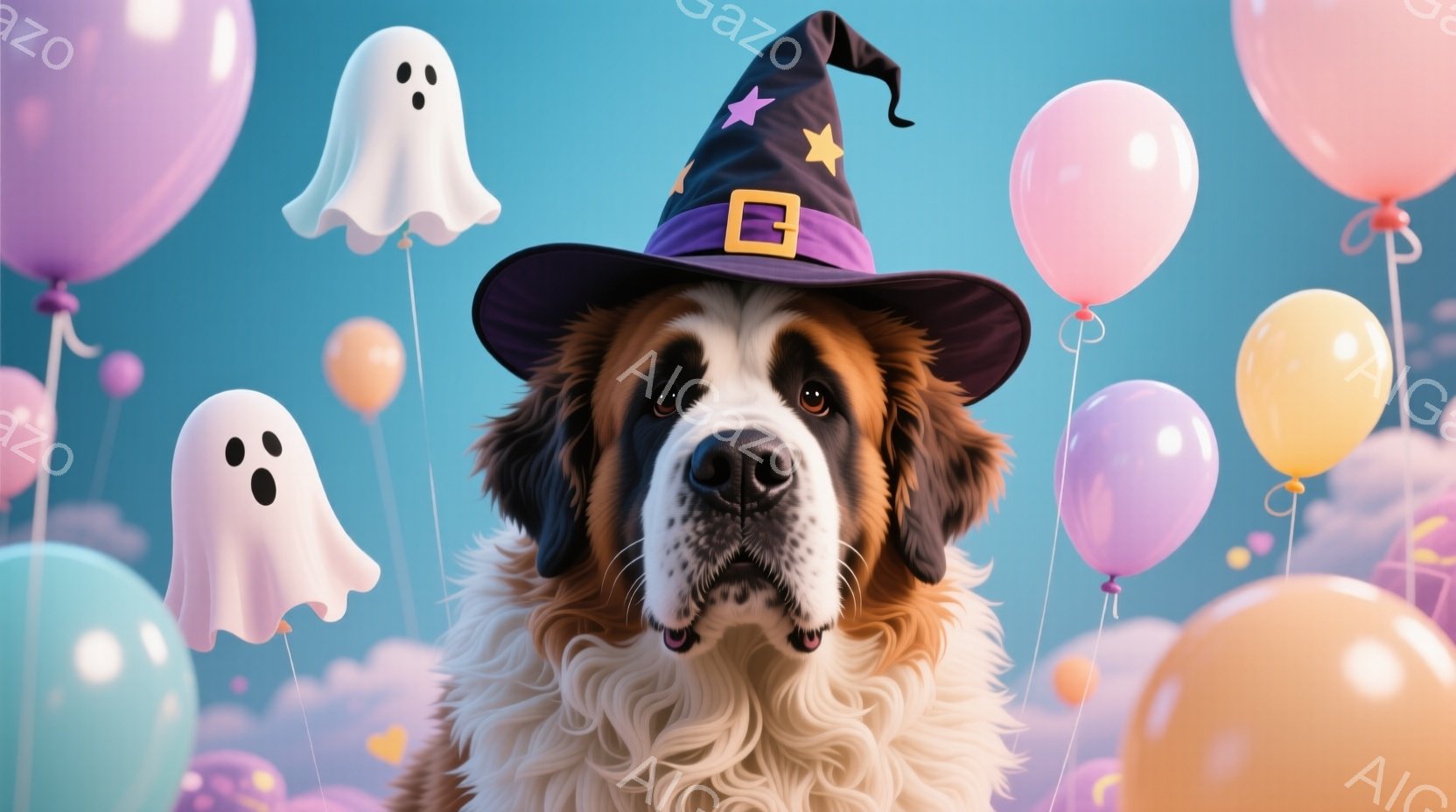 大きなセントバーナード犬が、星が描かれた黒い魔女帽子を被っています。犬は正面を向き、少し口を開けて穏やかな表情をしています。背景には、パステルカラーの風船と幽霊が浮かび、ハロウィンのようなお祭り騒ぎの雰囲気を醸し出しています。