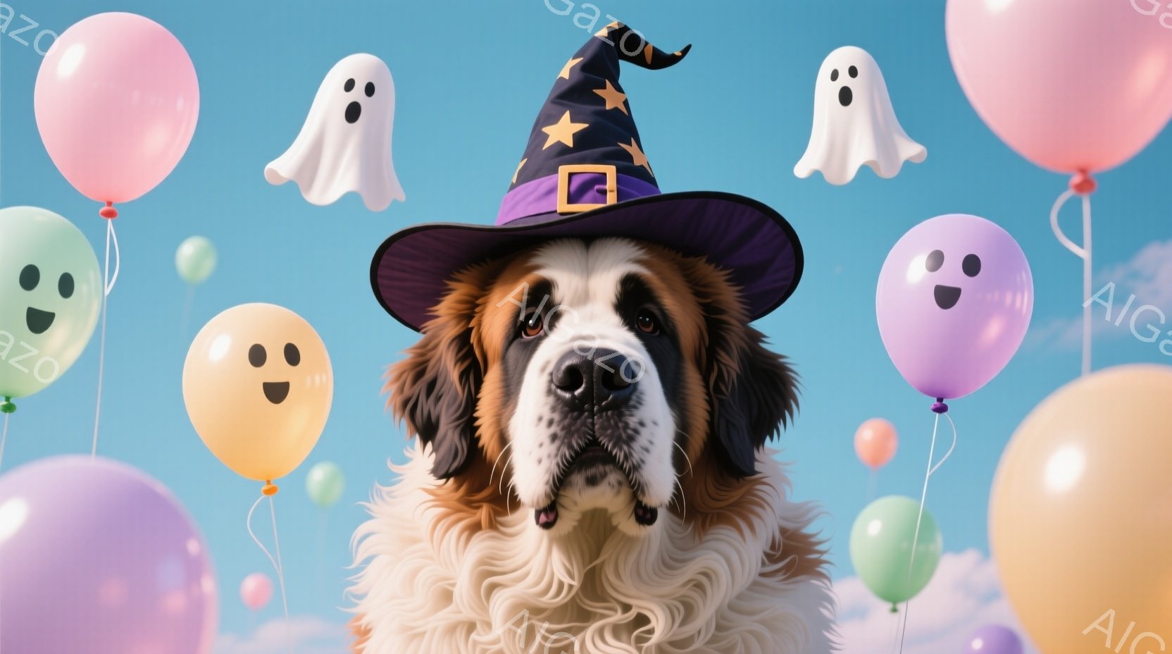 大きなセントバーナード犬が、黒い魔女帽子をかぶって正面を見つめています。周りには、ハロウィーンを連想させる、お化けや笑顔の風船が浮かんでおり、背景は水色の空です。全体的に、可愛らしく、お祝いの雰囲気が漂っています。