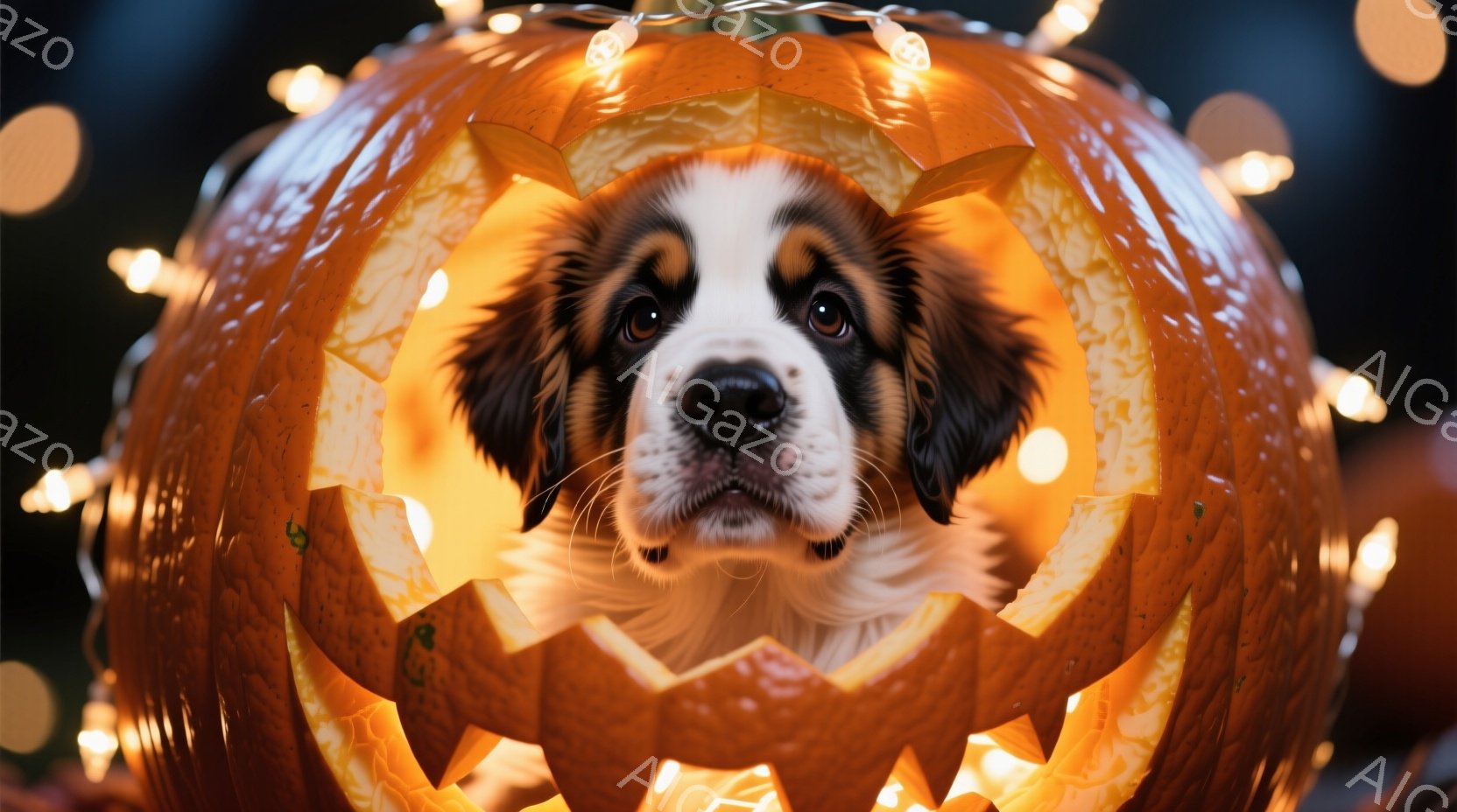 大きなオレンジ色のハロウィンカボチャの中に、毛並みの美しい子犬が顔を出しています。子犬は茶色と白の毛並みで、少し心配そうな表情をしています。背景にはぼんやりとした光のストリングライトがあり、ハロウィン - AI生成フリー素材